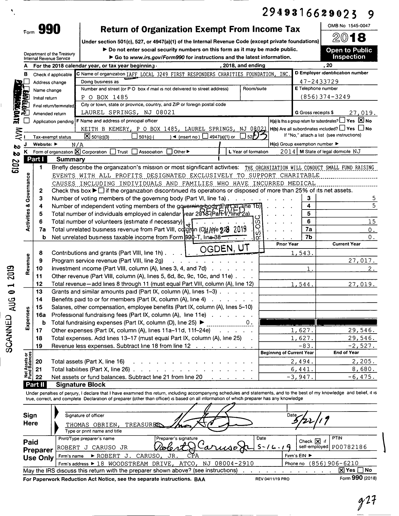 Image of first page of 2018 Form 990 for Iaff Local 3249 First Responders Charities Foundation