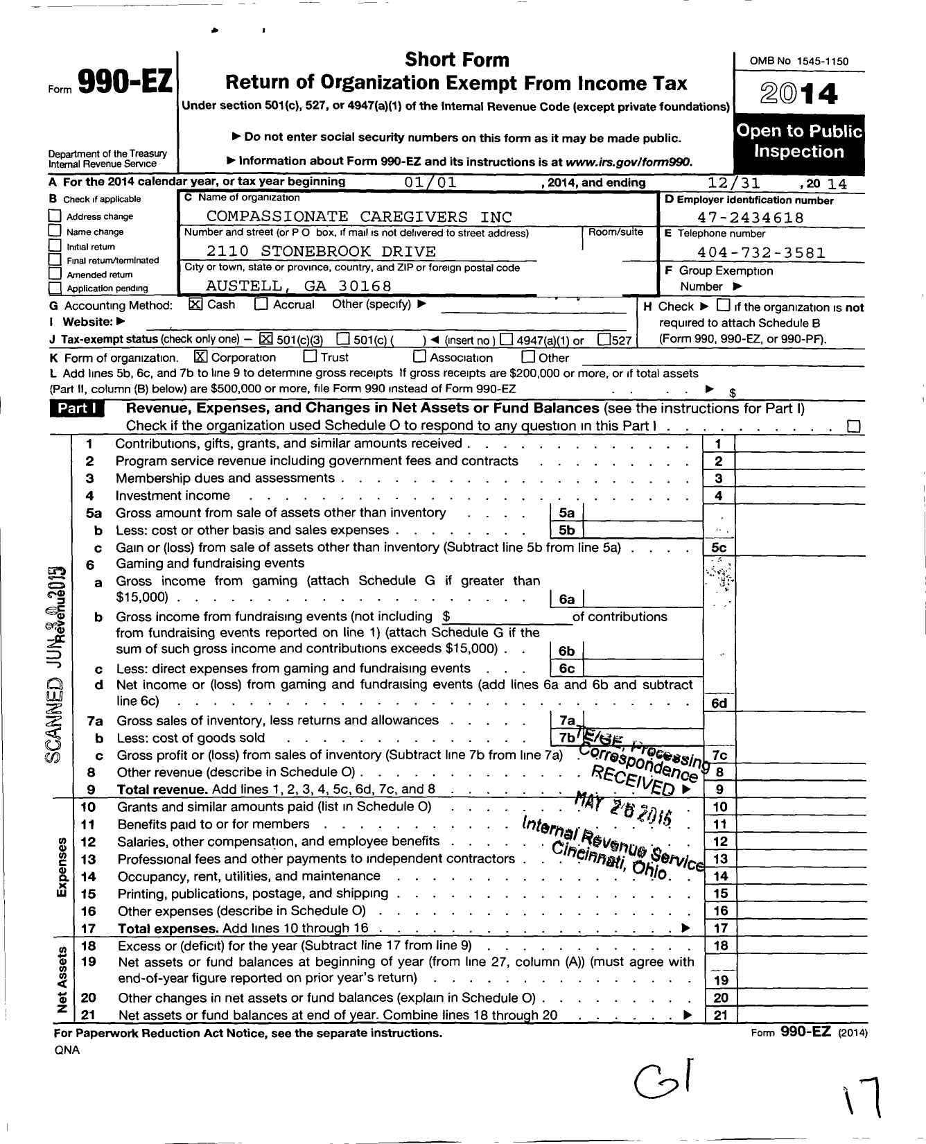 Image of first page of 2014 Form 990EZ for Compassionate Caregivers