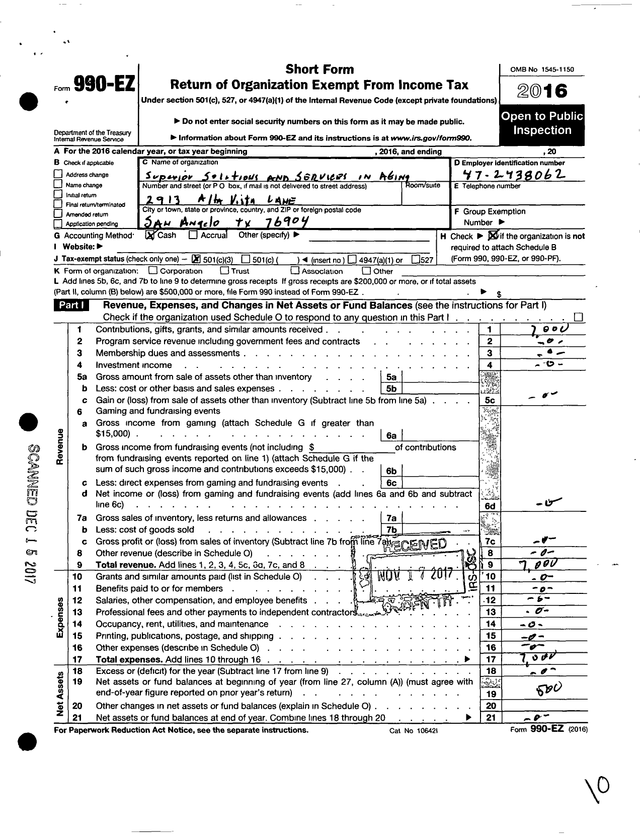 Image of first page of 2016 Form 990EZ for Superior Solutions and Services in Aging