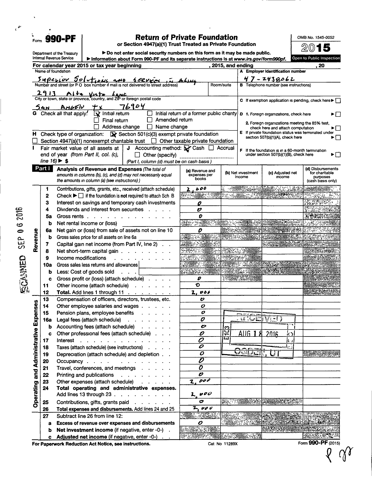Image of first page of 2015 Form 990PF for Superior Solutions and Services in Aging