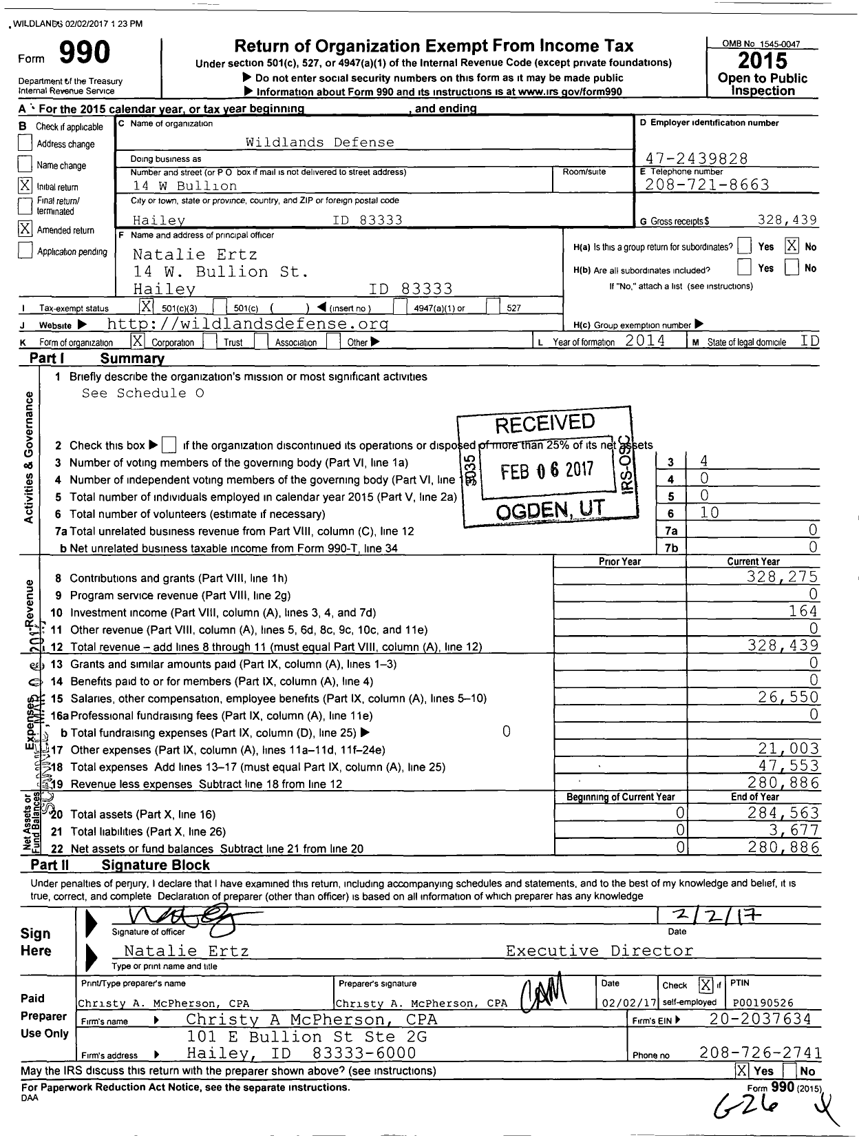 Image of first page of 2015 Form 990 for Wildlands Defense