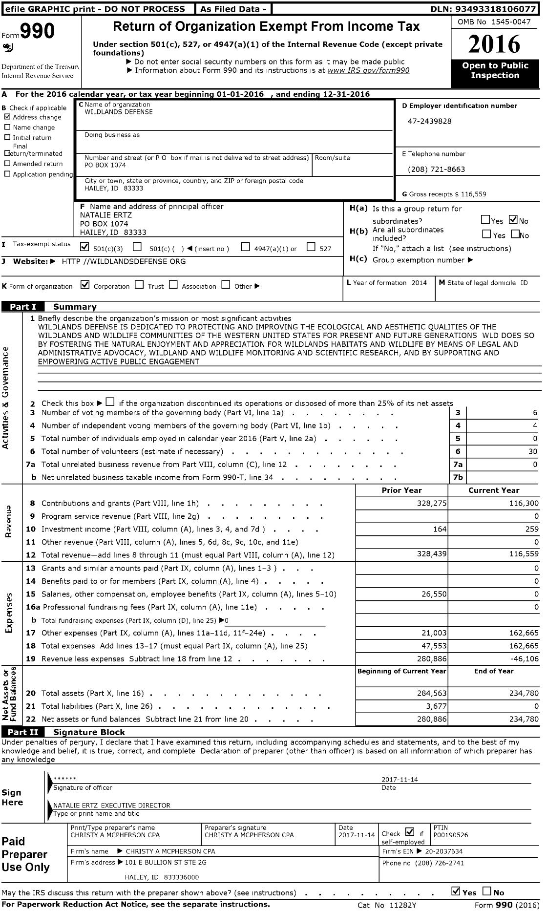 Image of first page of 2016 Form 990 for Wildlands Defense