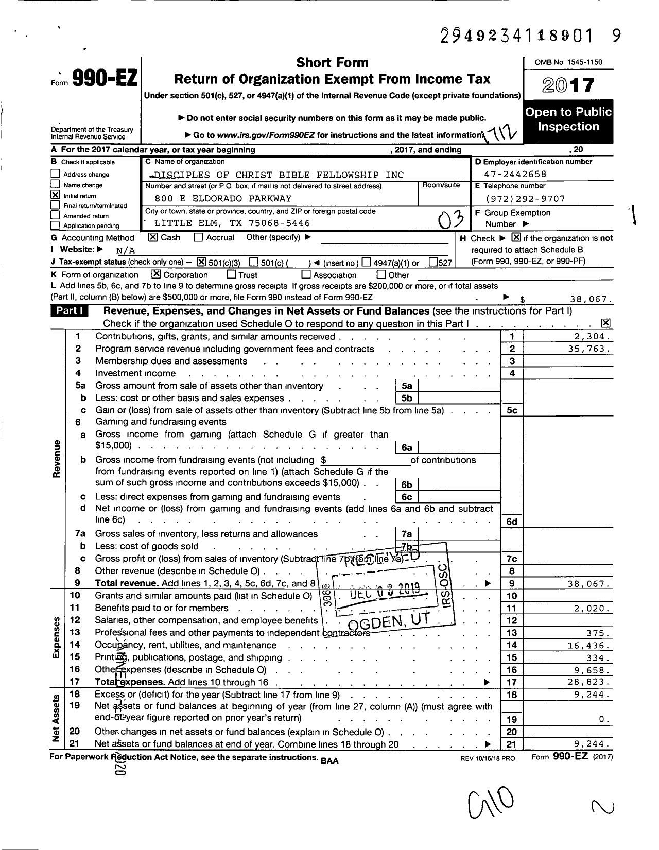 Image of first page of 2017 Form 990EZ for Disciples of Christ Bible Fellowship