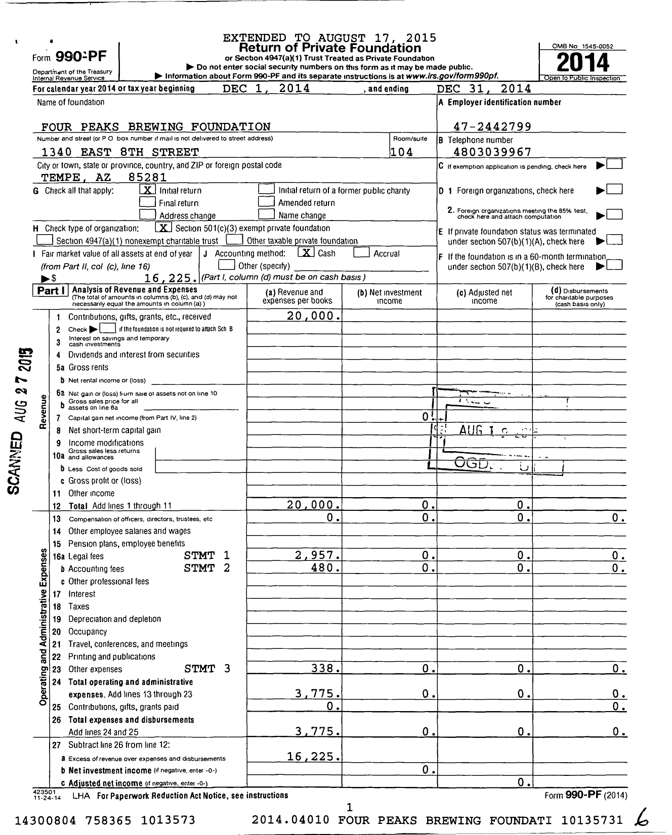 Image of first page of 2014 Form 990PF for FPBC Foundation