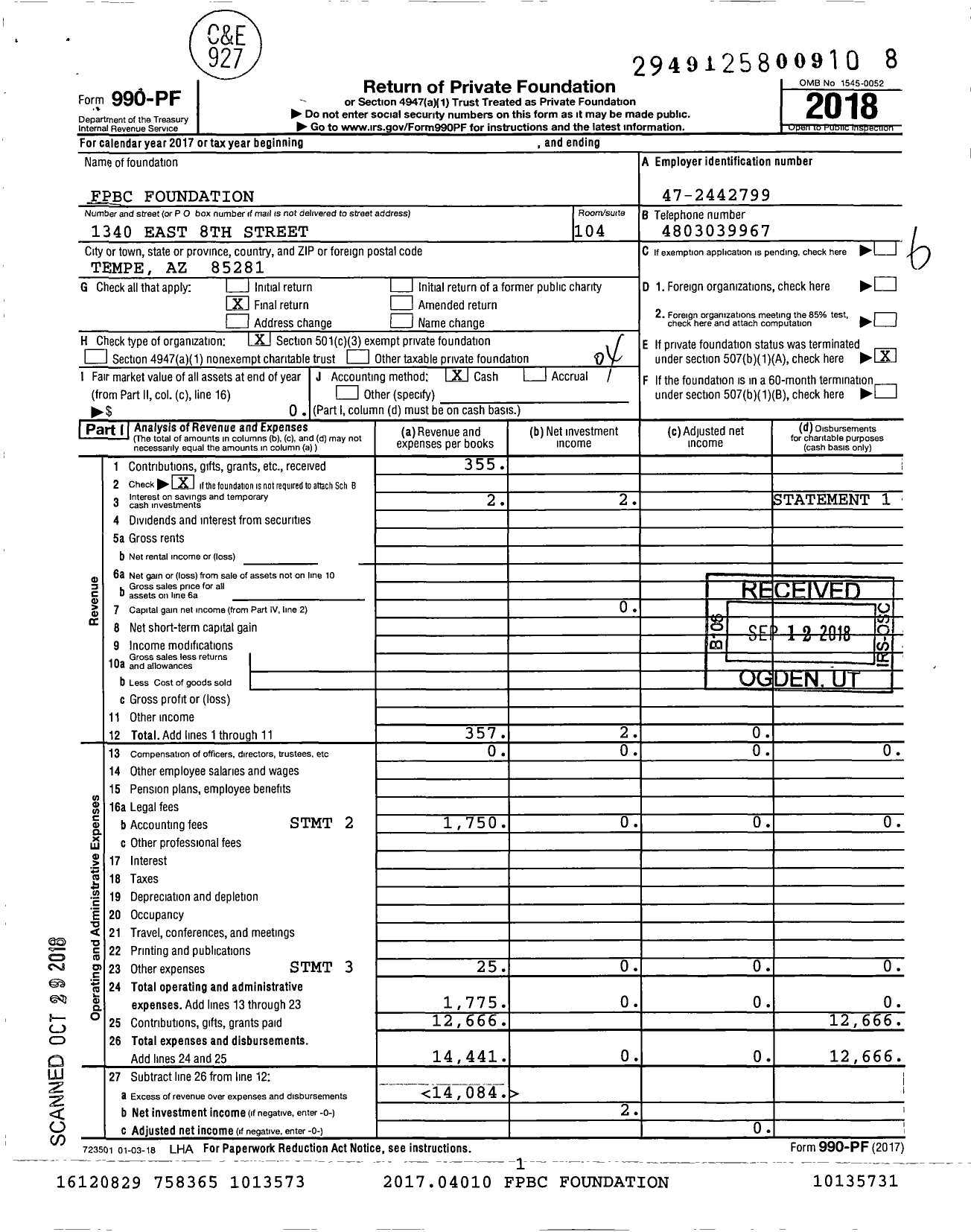 Image of first page of 2018 Form 990PF for FPBC Foundation