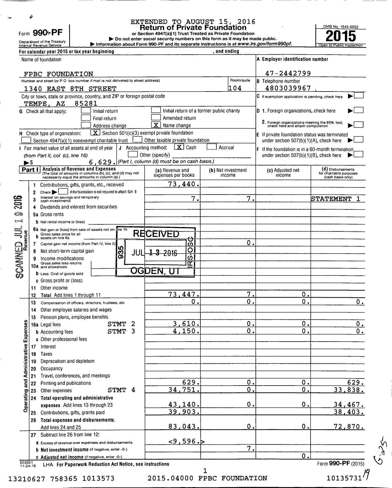 Image of first page of 2015 Form 990PF for FPBC Foundation