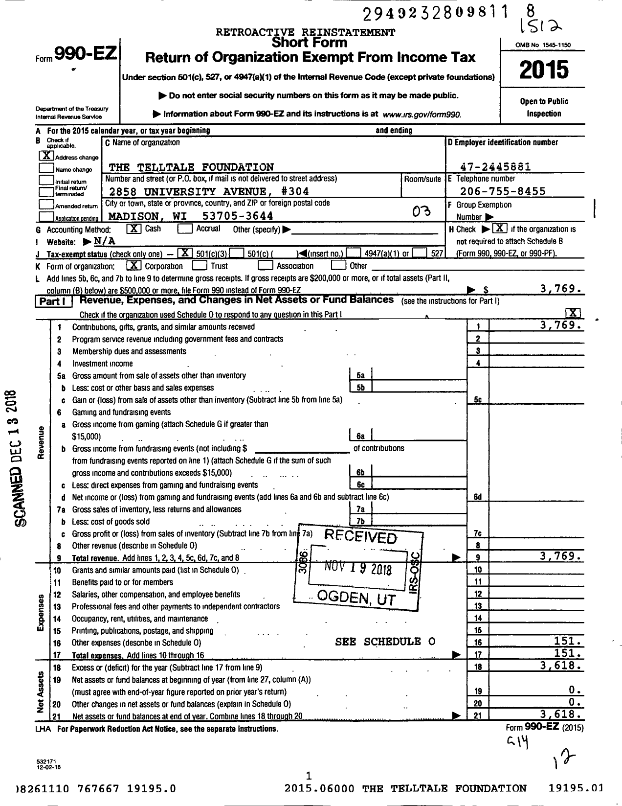 Image of first page of 2015 Form 990EZ for Telltale Foundation47