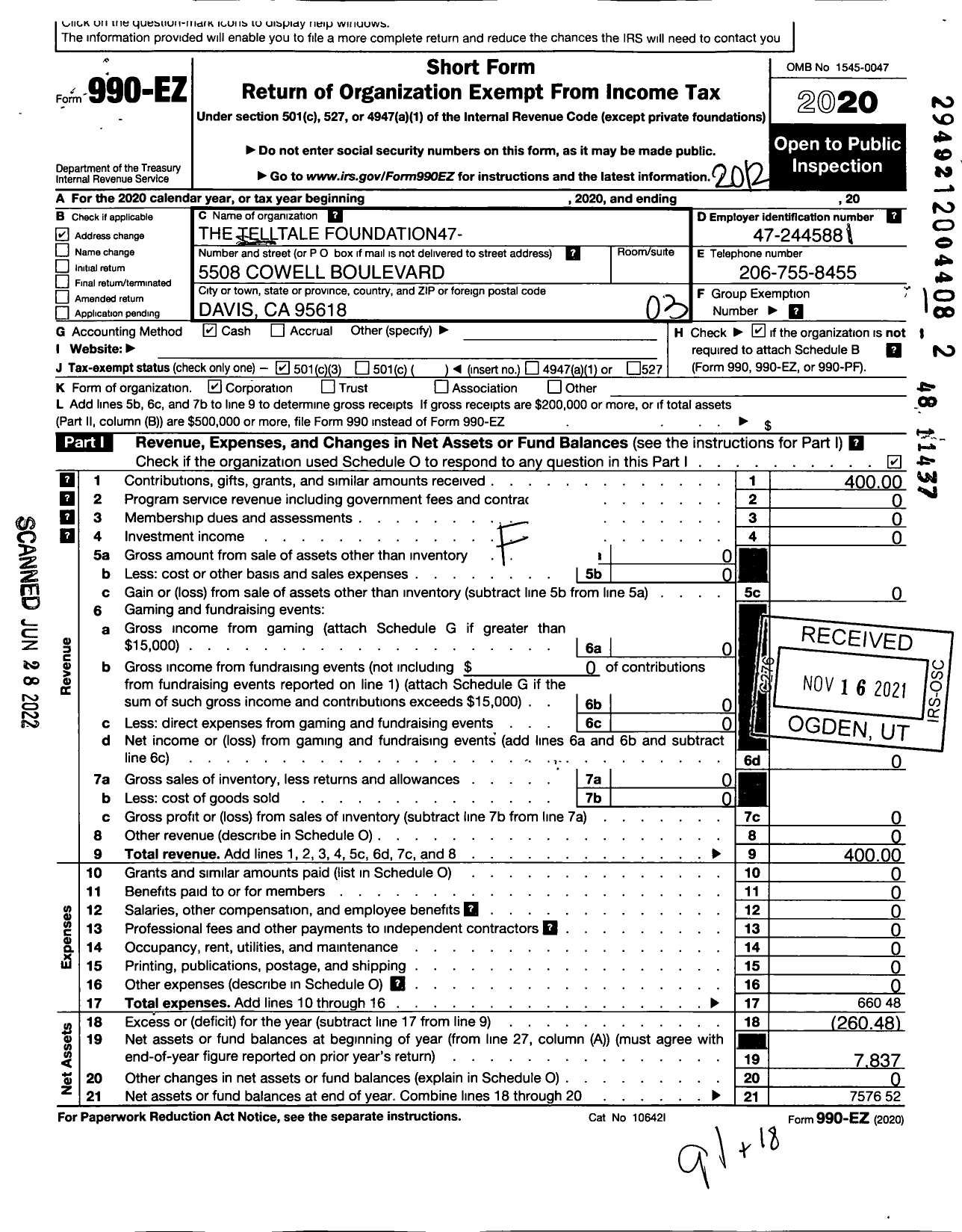 Image of first page of 2020 Form 990EZ for Telltale Foundation47