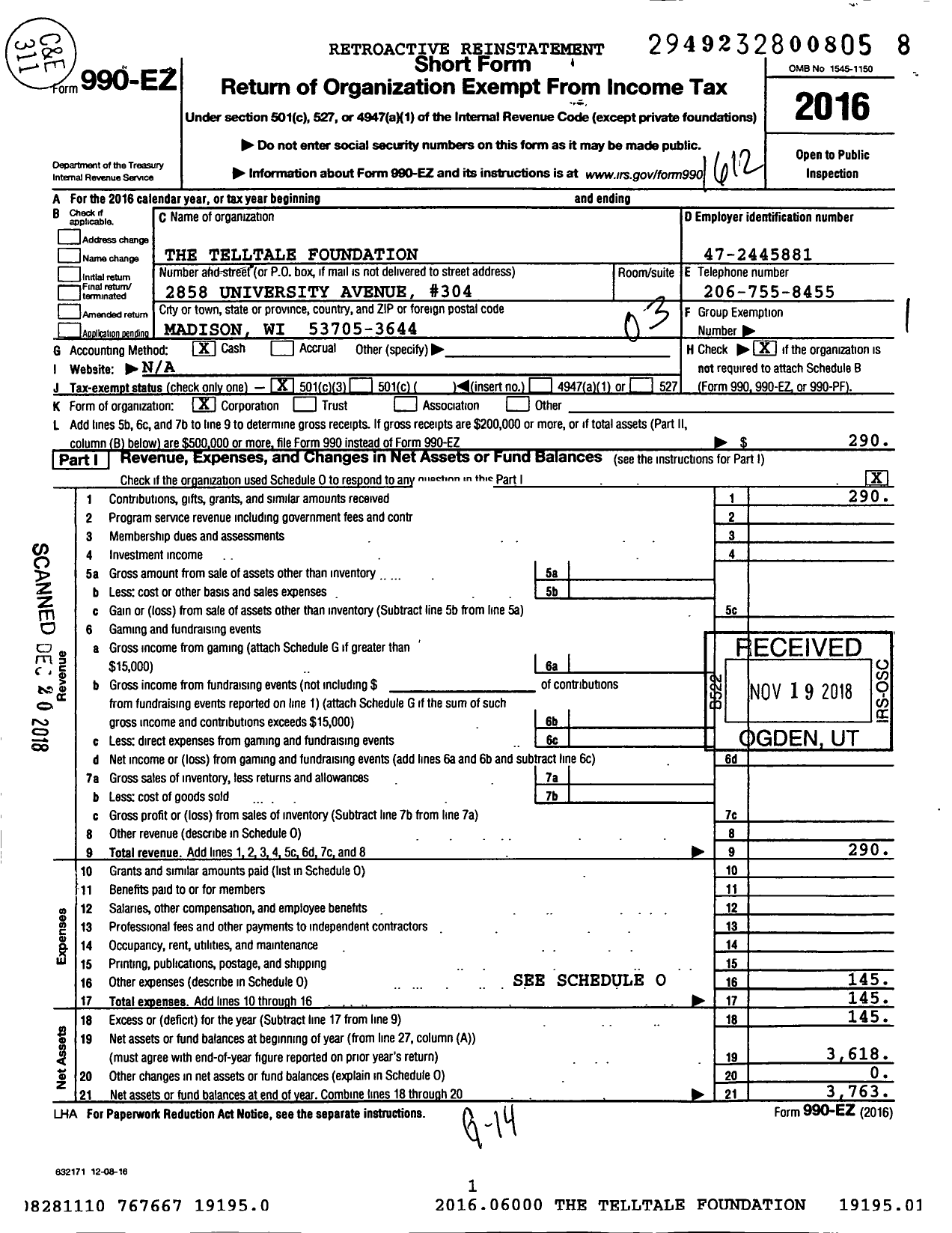 Image of first page of 2016 Form 990EZ for Telltale Foundation47