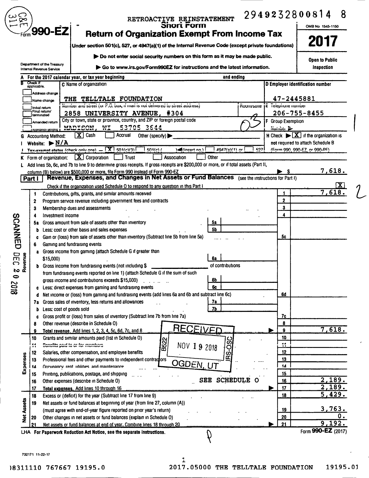 Image of first page of 2017 Form 990EZ for Telltale Foundation47