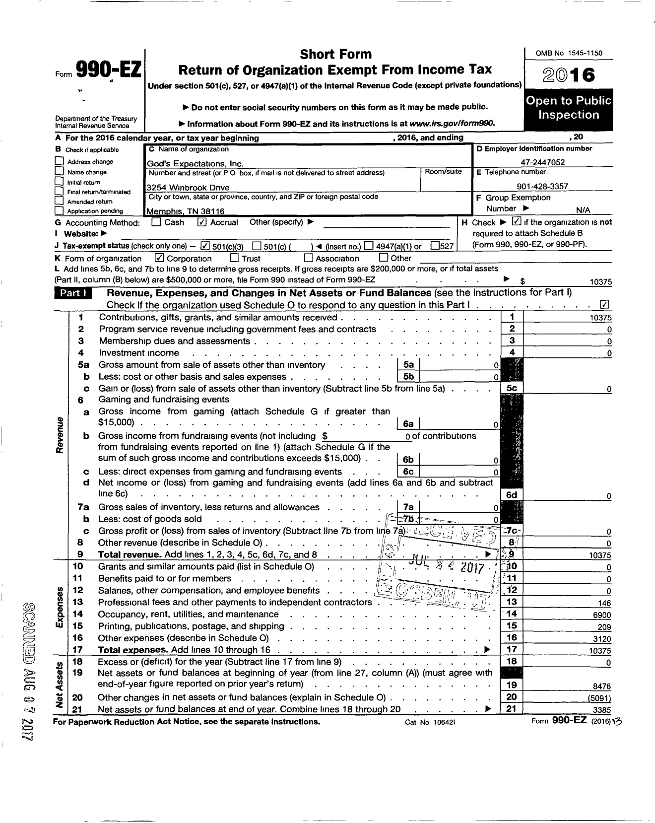 Image of first page of 2016 Form 990EZ for Gods Expectations