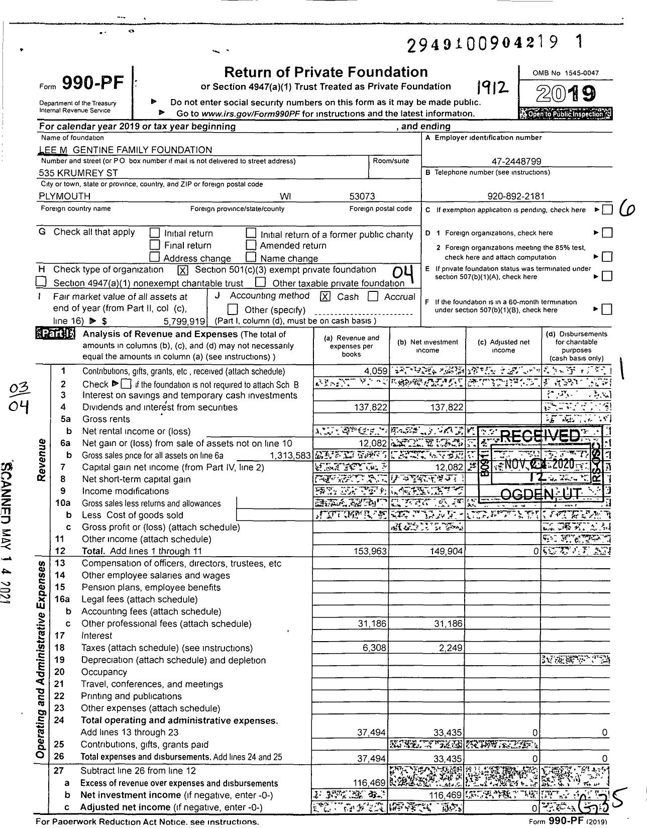 Image of first page of 2019 Form 990PF for Lee M Gentine Family Foundation