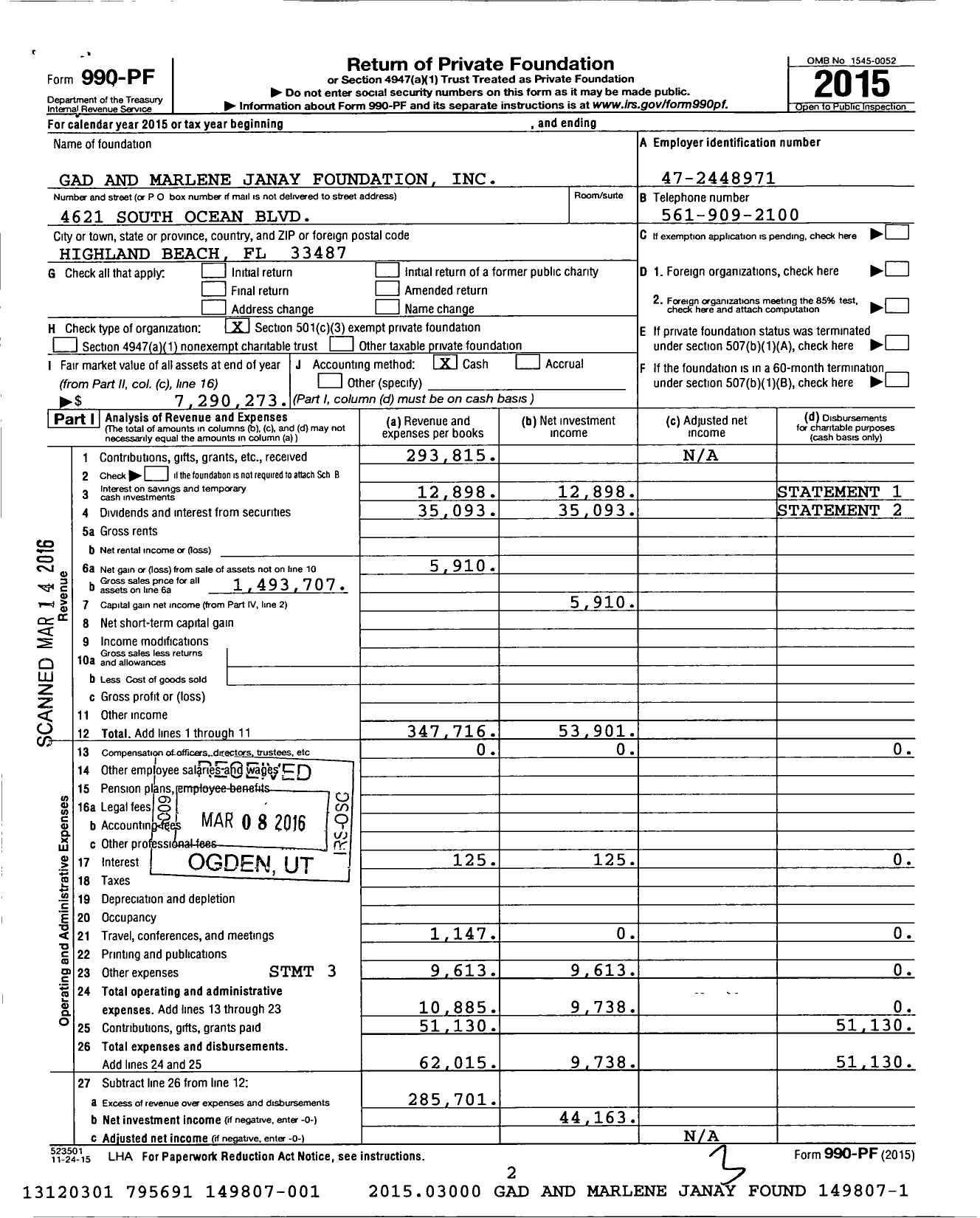Image of first page of 2015 Form 990PF for Gad and Marlene Janay Foundation