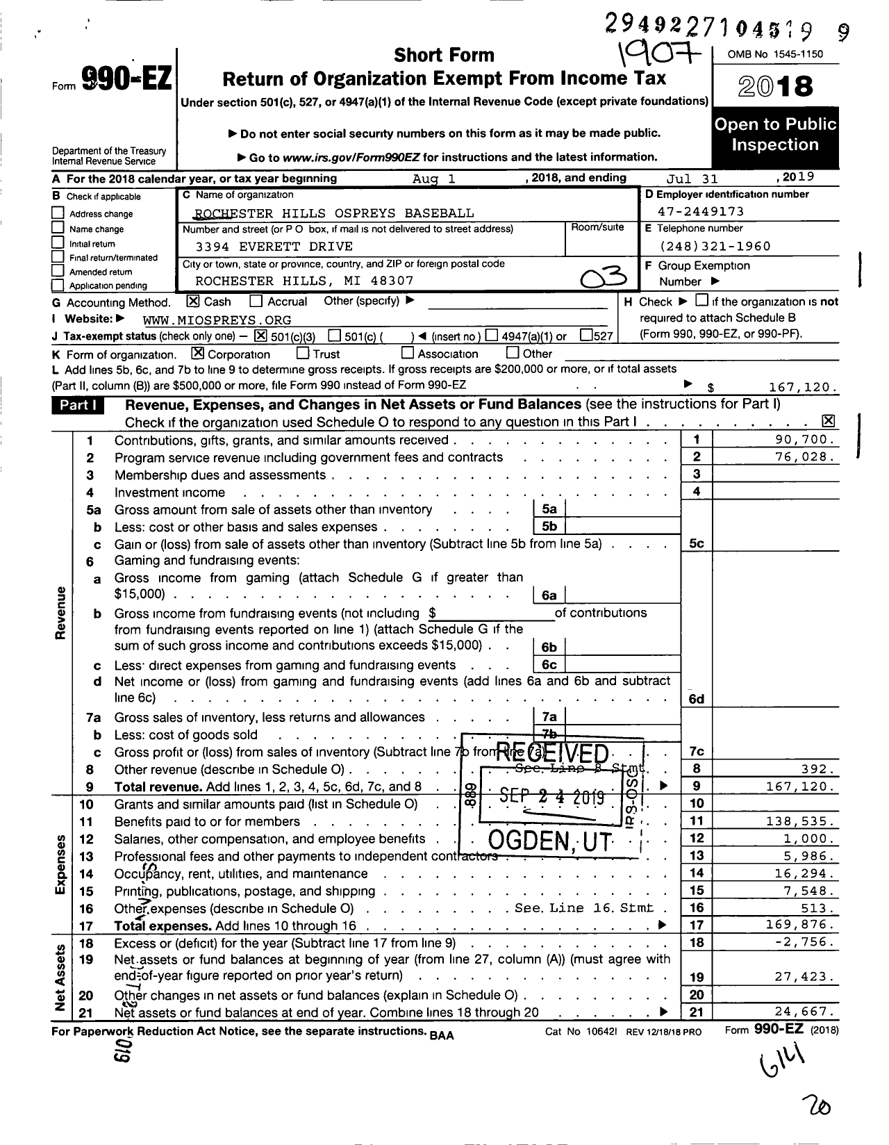 Image of first page of 2018 Form 990EZ for Michigan Elite Baseball