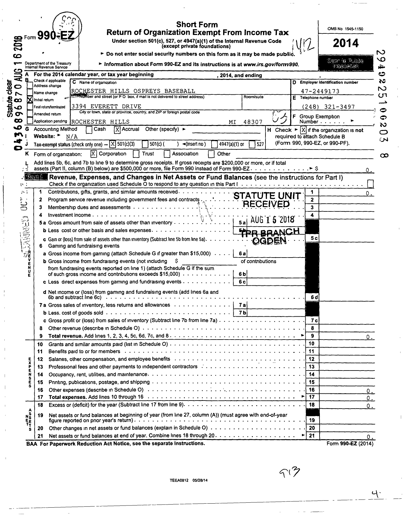 Image of first page of 2014 Form 990EZ for Michigan Elite Baseball