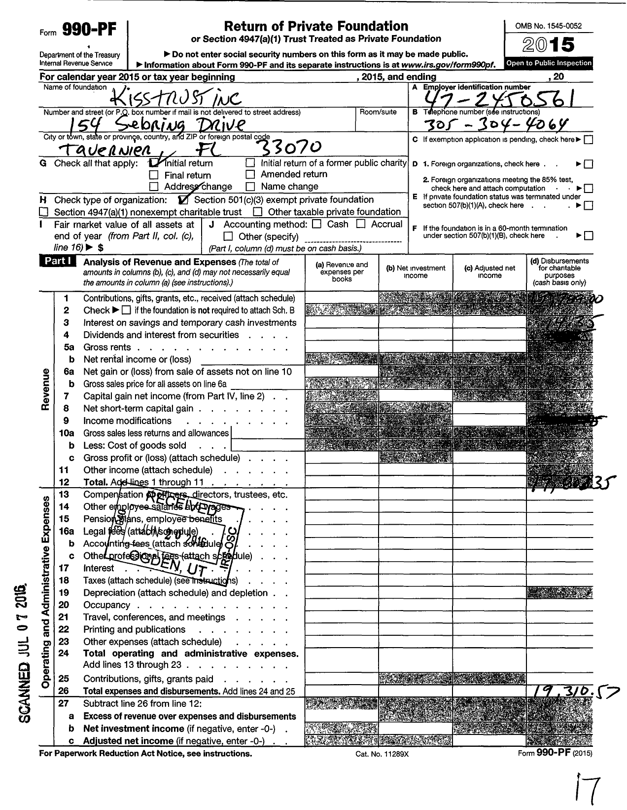 Image of first page of 2015 Form 990PF for Kisstrustinc