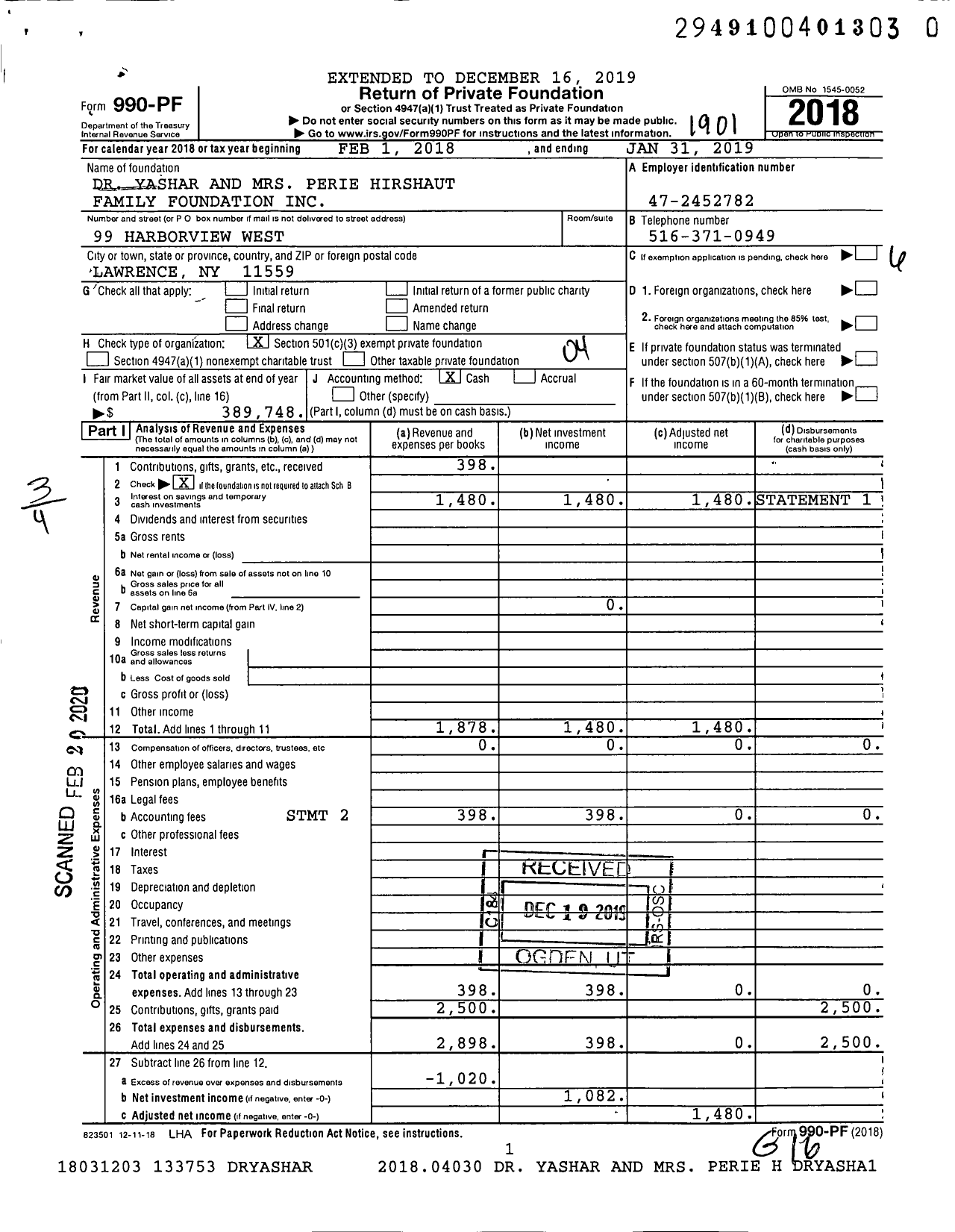 Image of first page of 2018 Form 990PF for Dr Yashar and MRS Perie Hirshaut Family Foundation