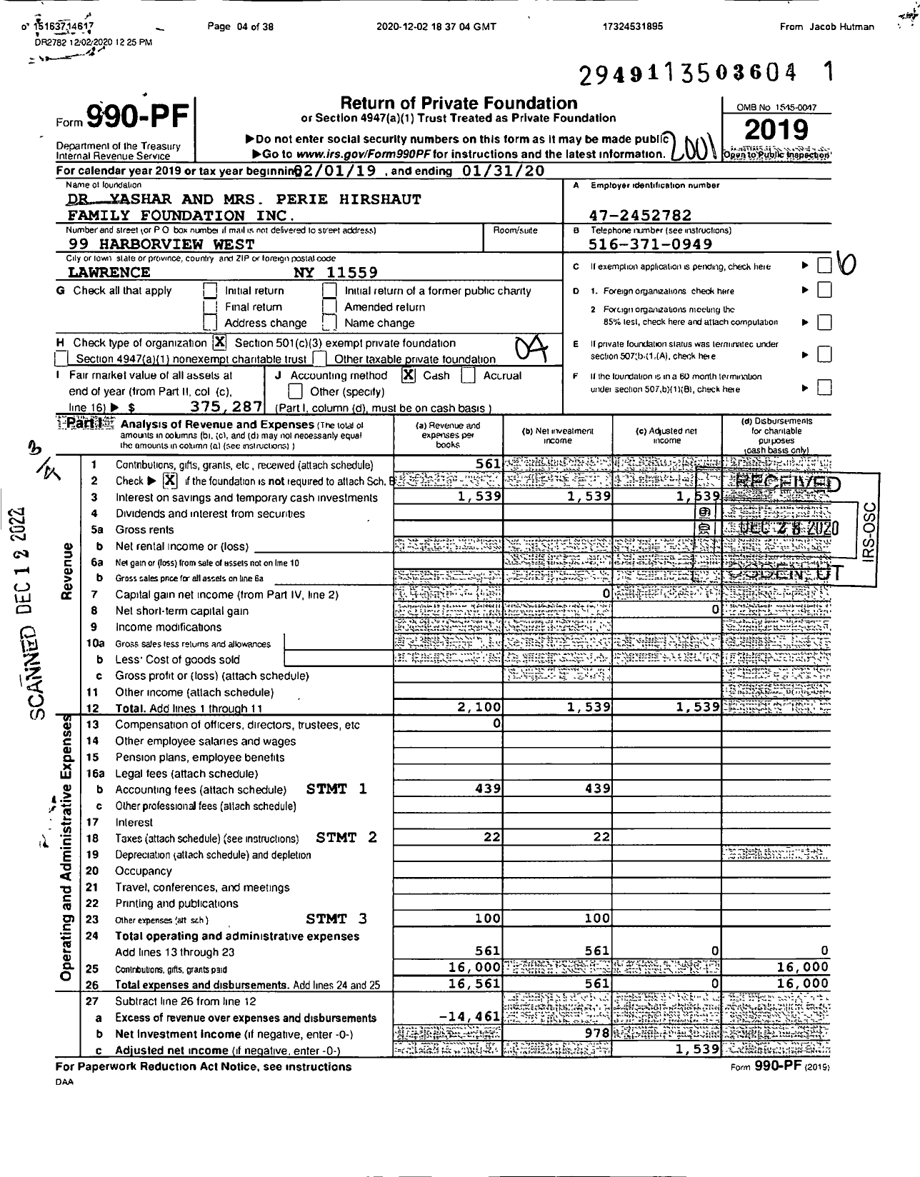 Image of first page of 2019 Form 990PF for Dr Yashar and MRS Perie Hirshaut Family Foundation