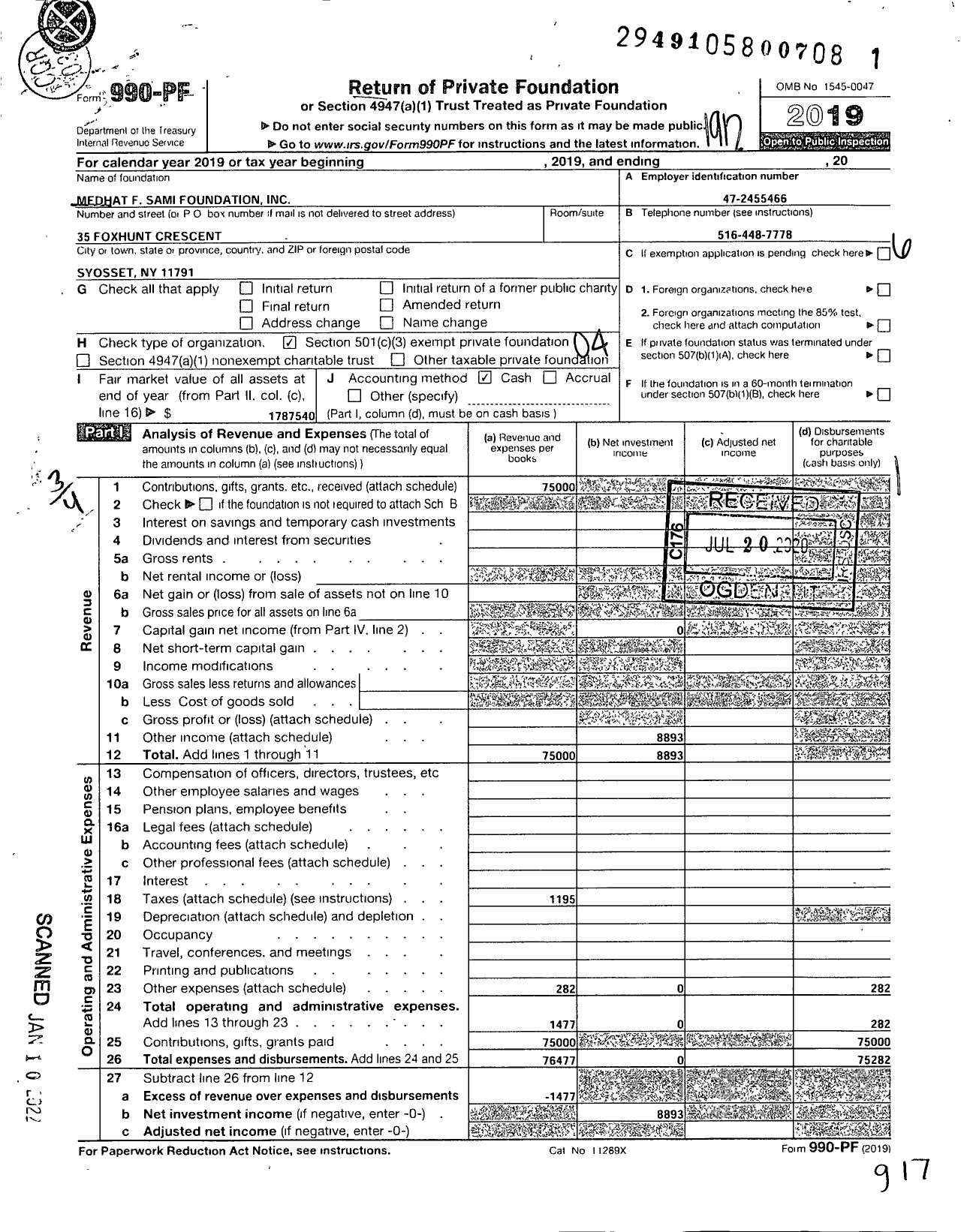 Image of first page of 2019 Form 990PF for Medhat F Sami Foundation