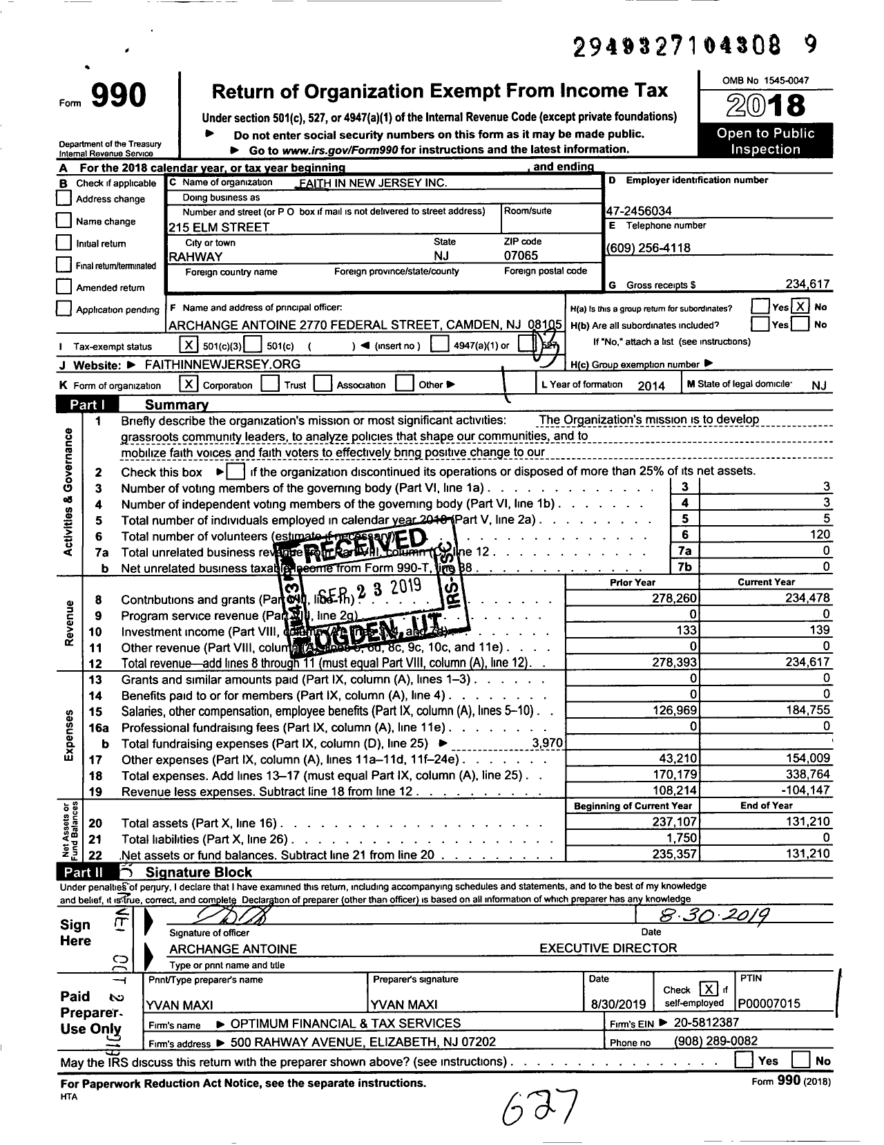 Image of first page of 2018 Form 990 for Faith in New Jersey