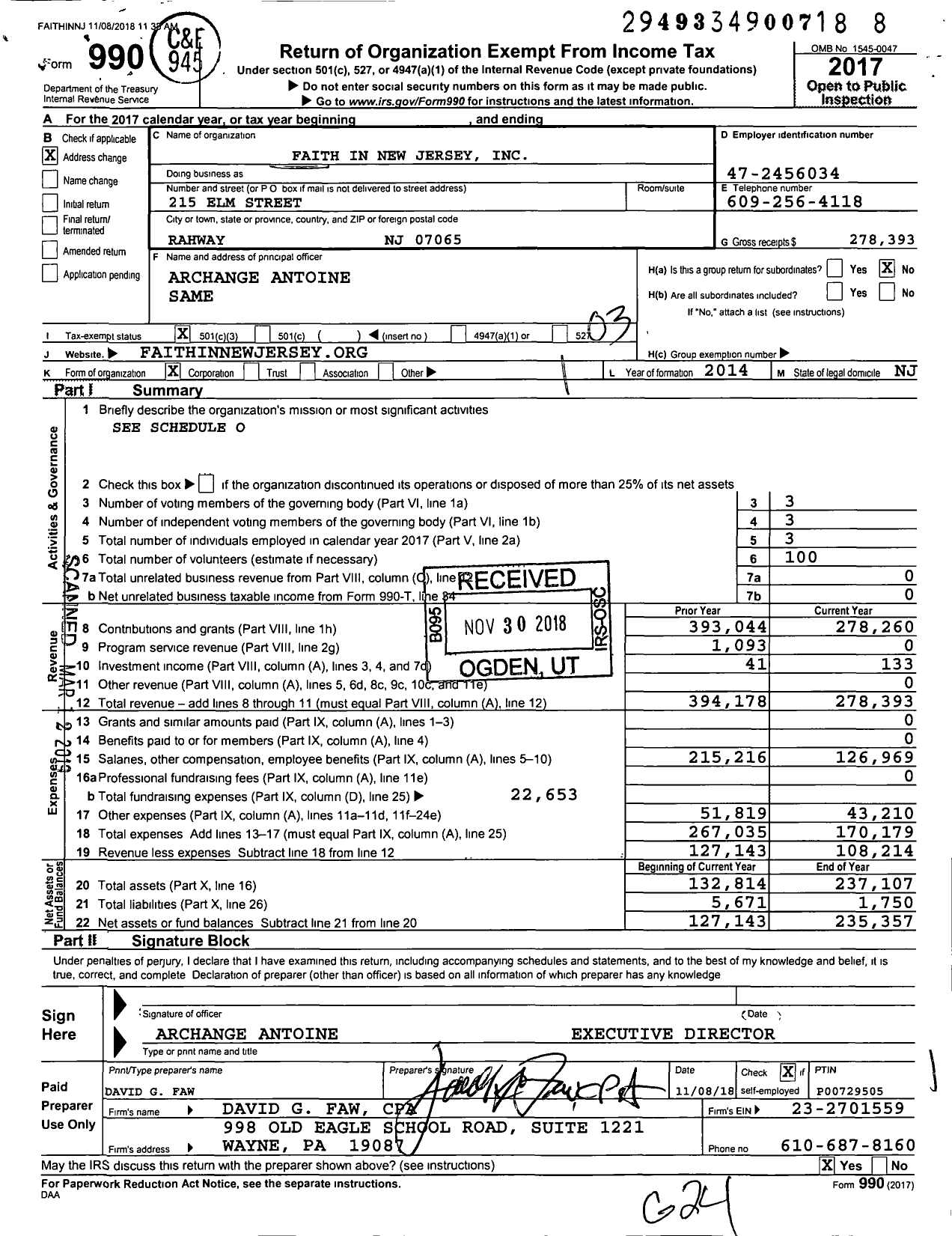 Image of first page of 2017 Form 990 for Faith in New Jersey