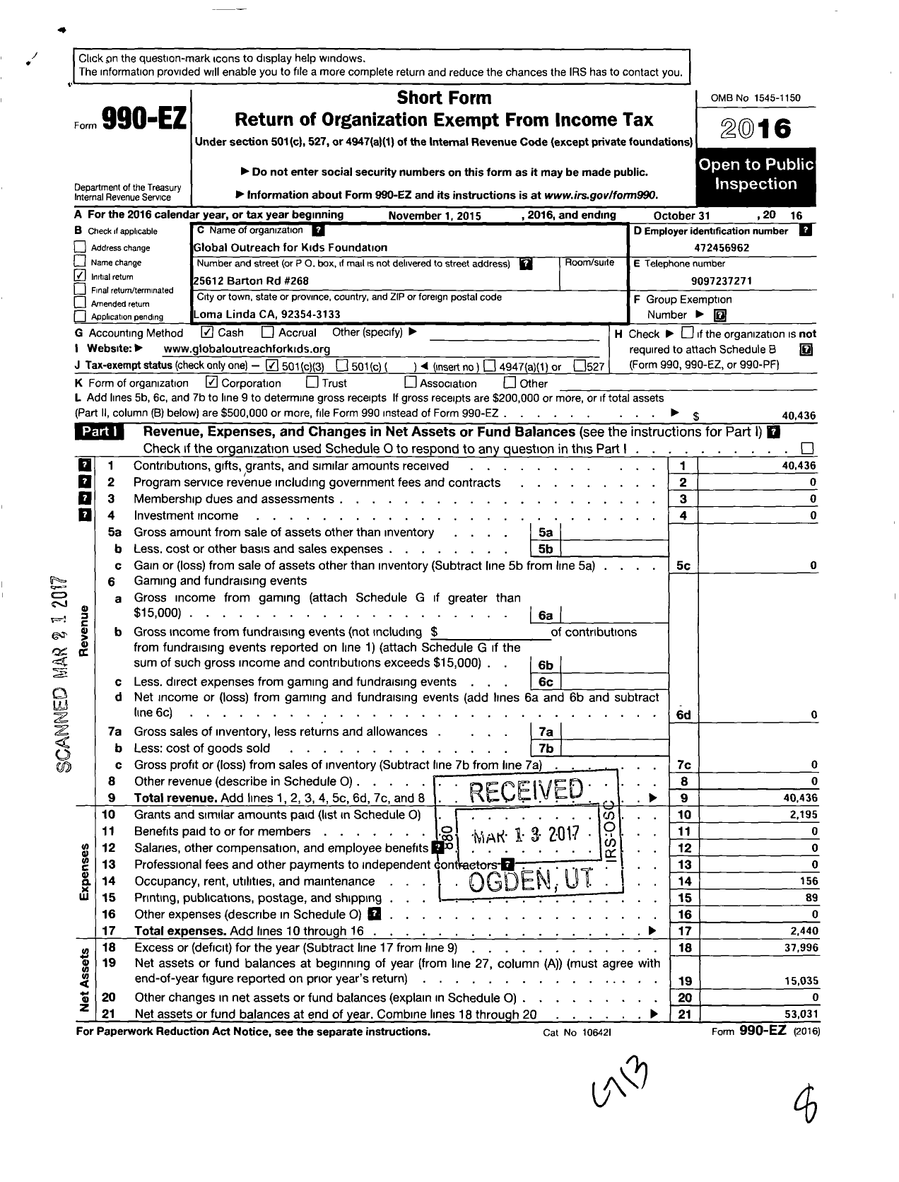 Image of first page of 2015 Form 990EZ for Global Outreach for Kids Foundation