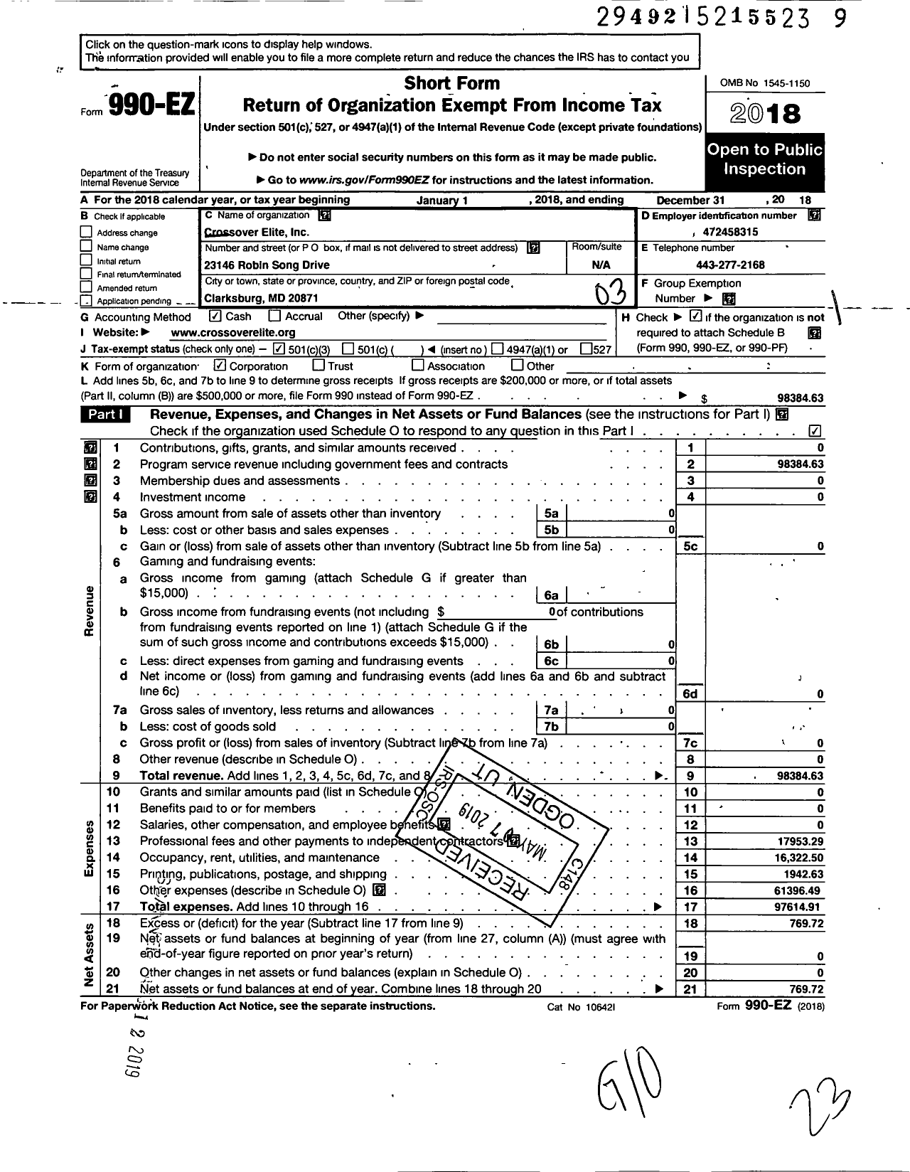 Image of first page of 2018 Form 990EZ for Crossover Elite