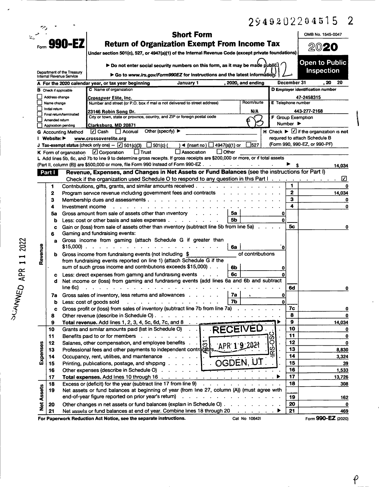 Image of first page of 2020 Form 990EZ for Crossover Elite