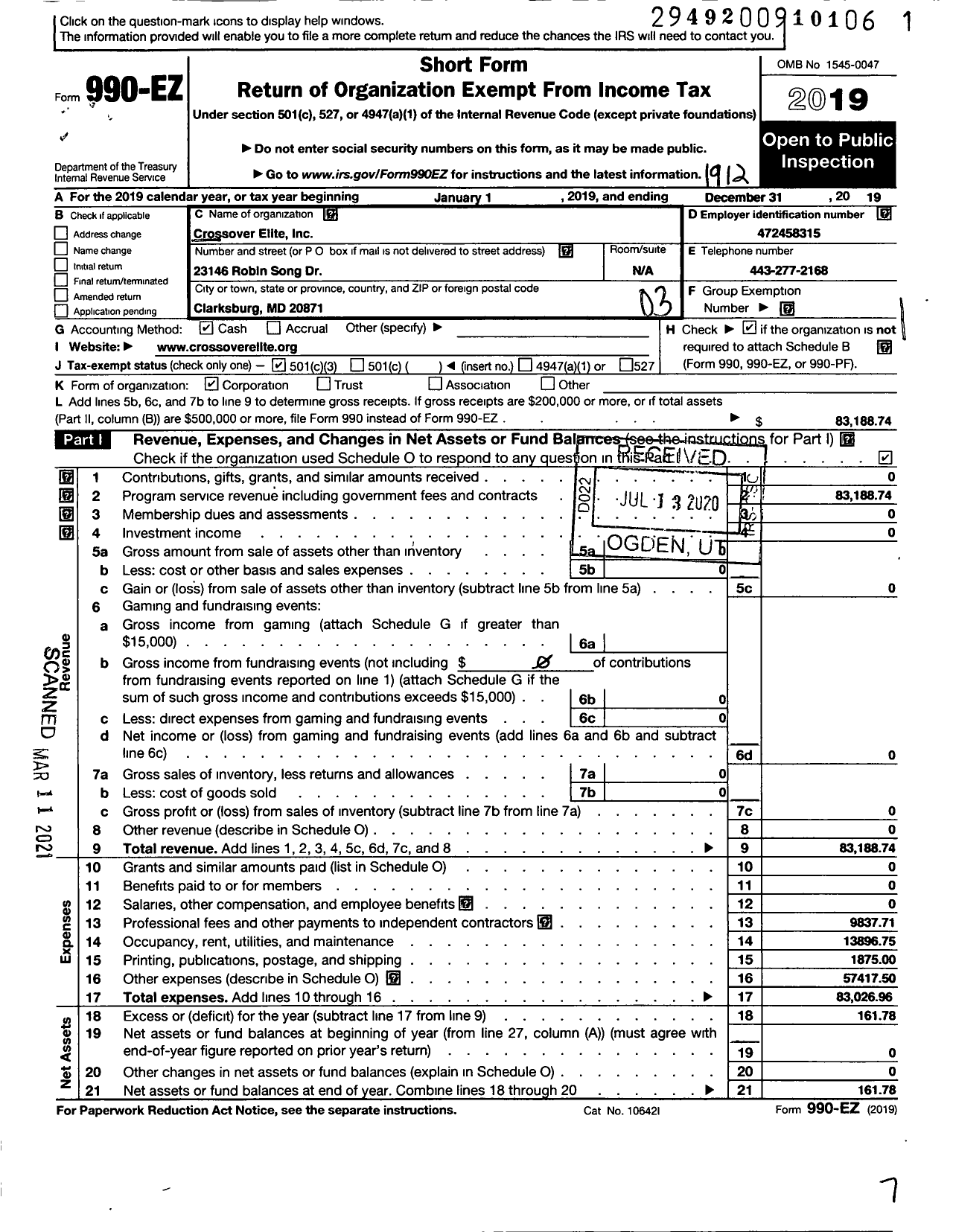 Image of first page of 2019 Form 990EZ for Crossover Elite