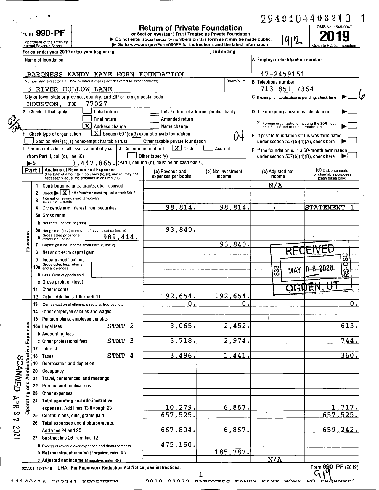 Image of first page of 2019 Form 990PF for Baroness Kandy Kaye Horn Foundation