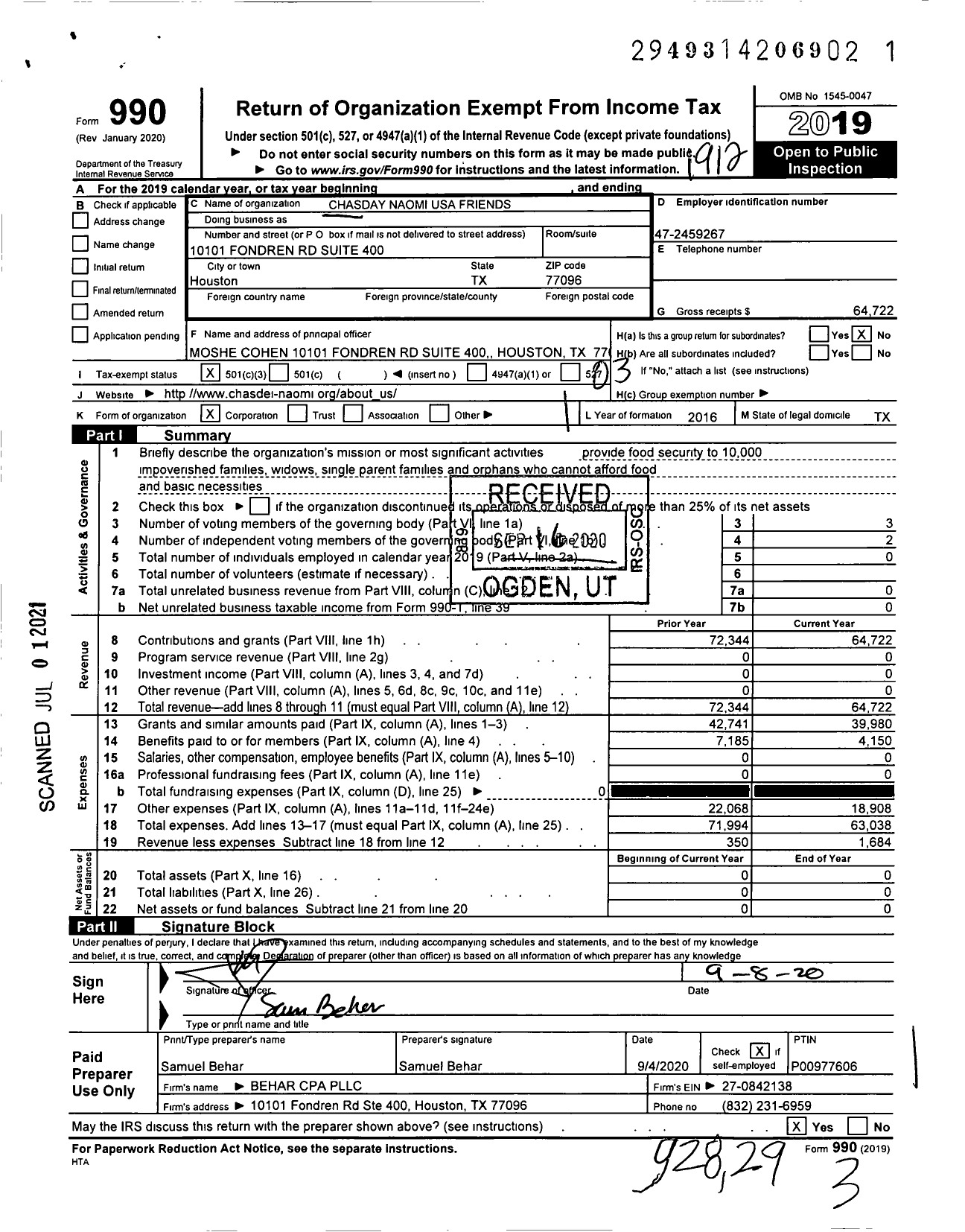 Image of first page of 2019 Form 990 for Chasday Naomi USA Friends