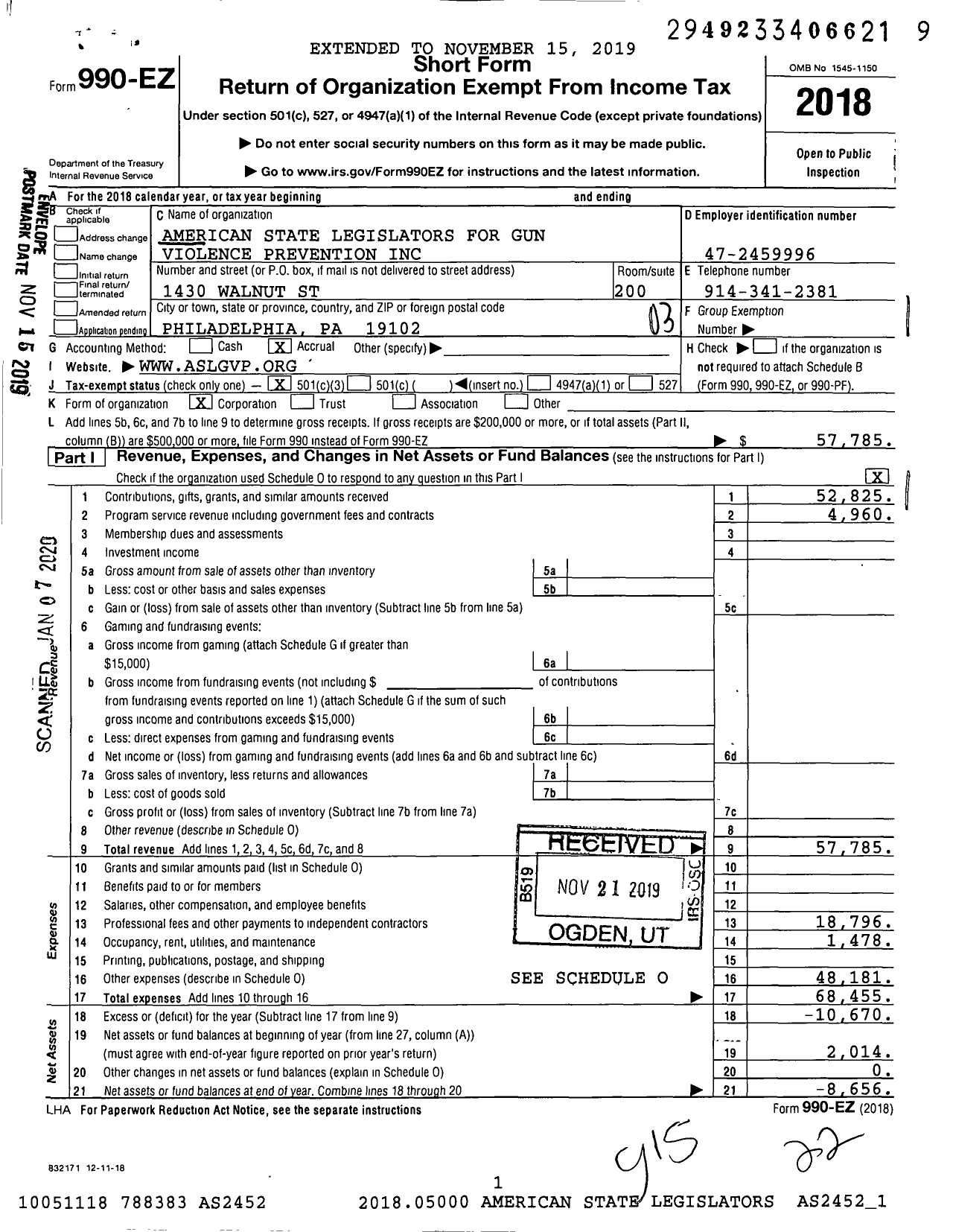 Image of first page of 2018 Form 990EZ for American State Legislators for Gun Violence Prevention