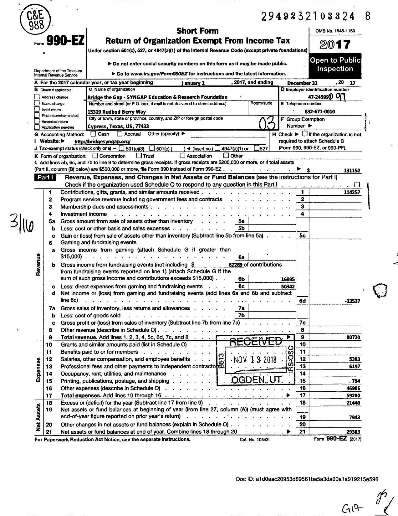 Image of first page of 2017 Form 990EZ for Syngap1 Foundation