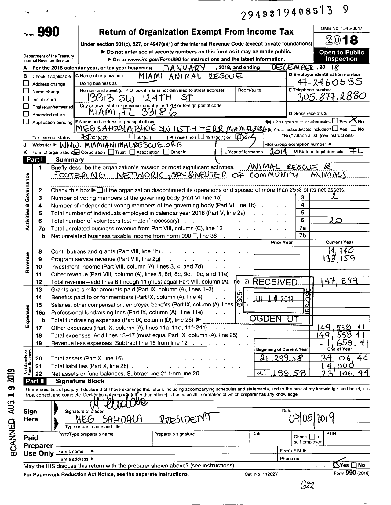 Image of first page of 2018 Form 990 for Miami Animal Rescue