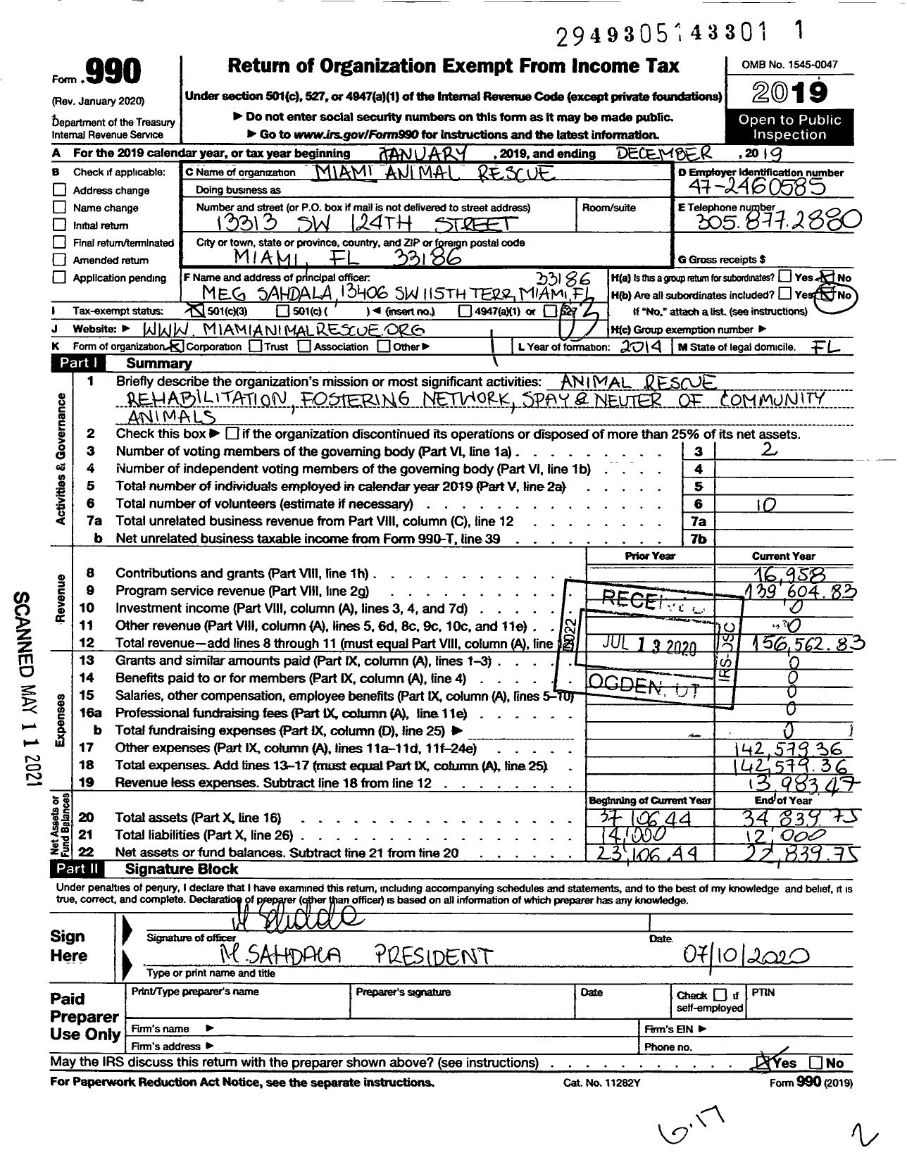 Image of first page of 2019 Form 990 for Miami Animal Rescue