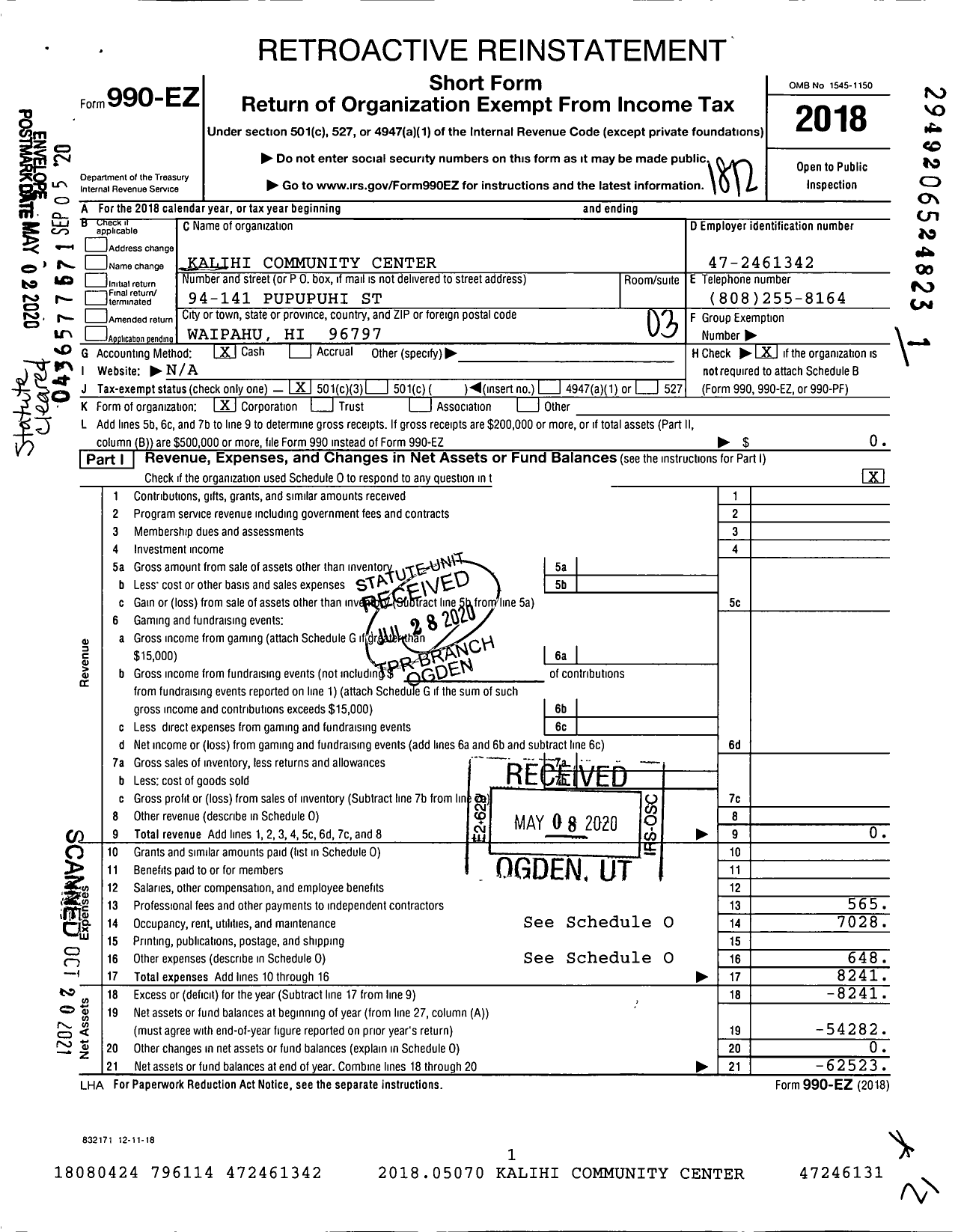 Image of first page of 2018 Form 990EZ for Kalihi Community Center