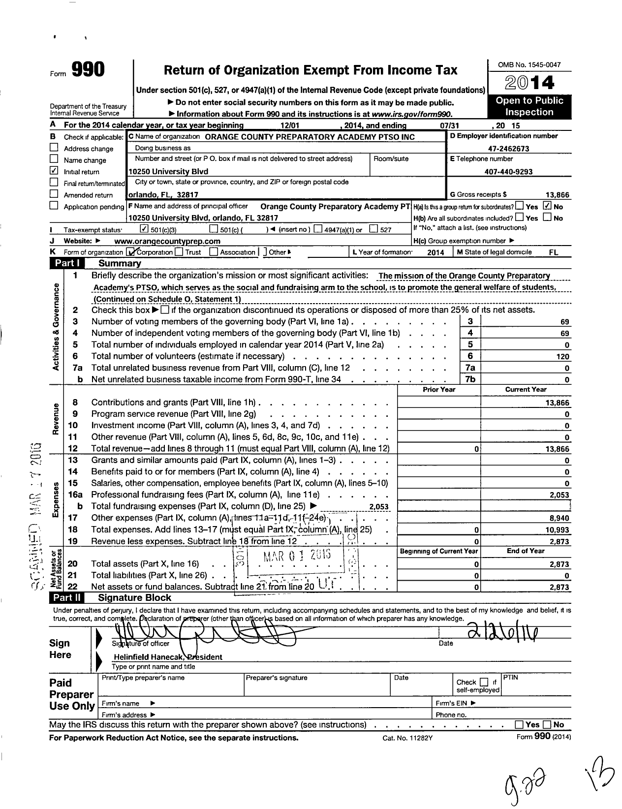 Image of first page of 2014 Form 990 for Orange County Preparatory Academy Ptso