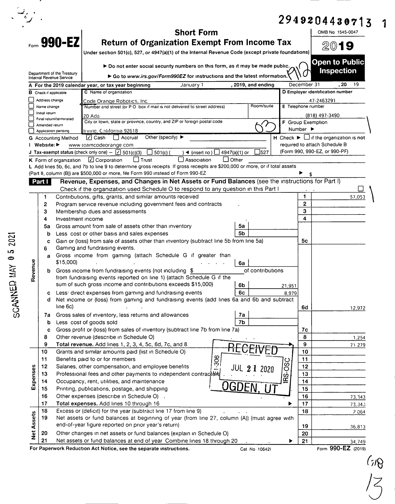 Image of first page of 2019 Form 990EZ for Code Orange Robotics