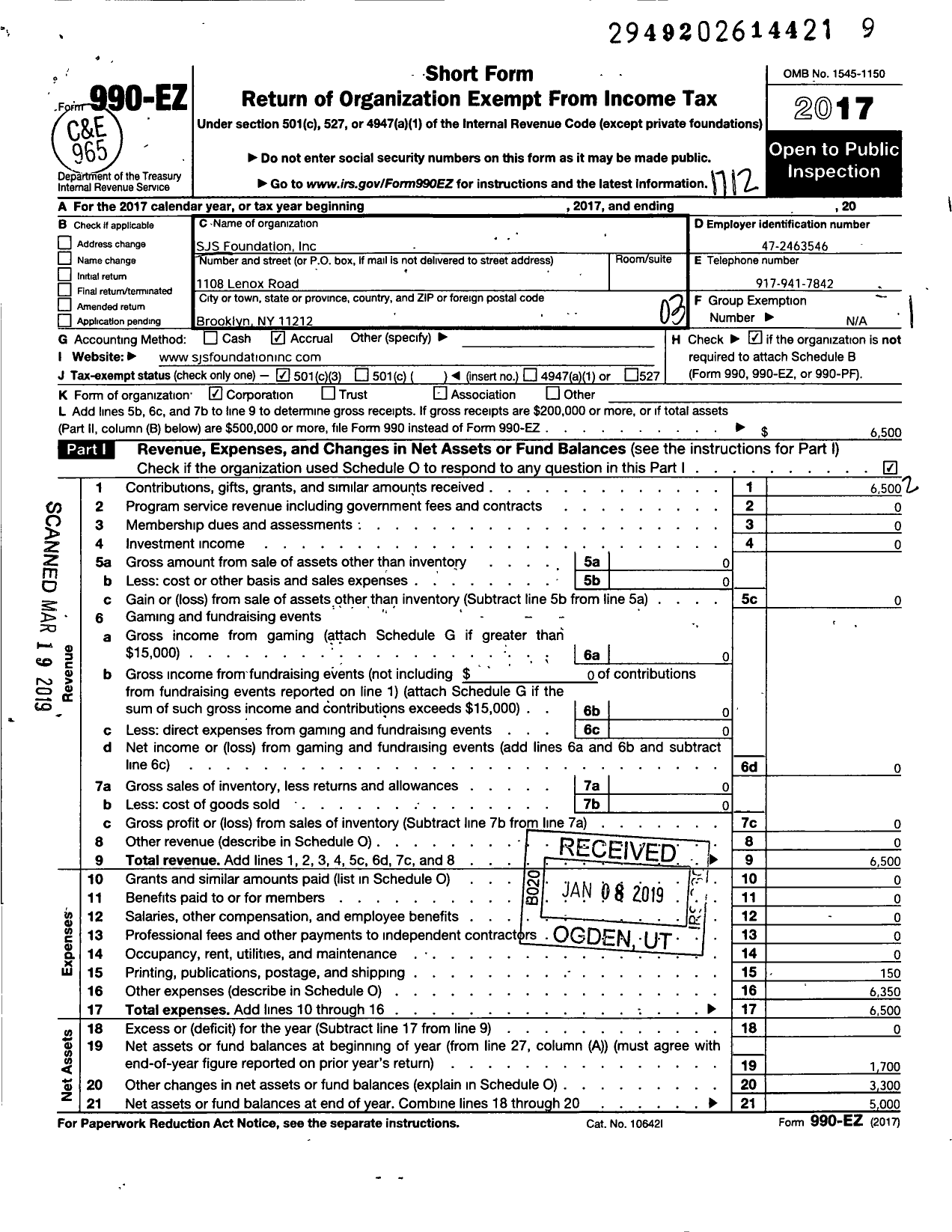 Image of first page of 2017 Form 990EZ for SJS Foundation