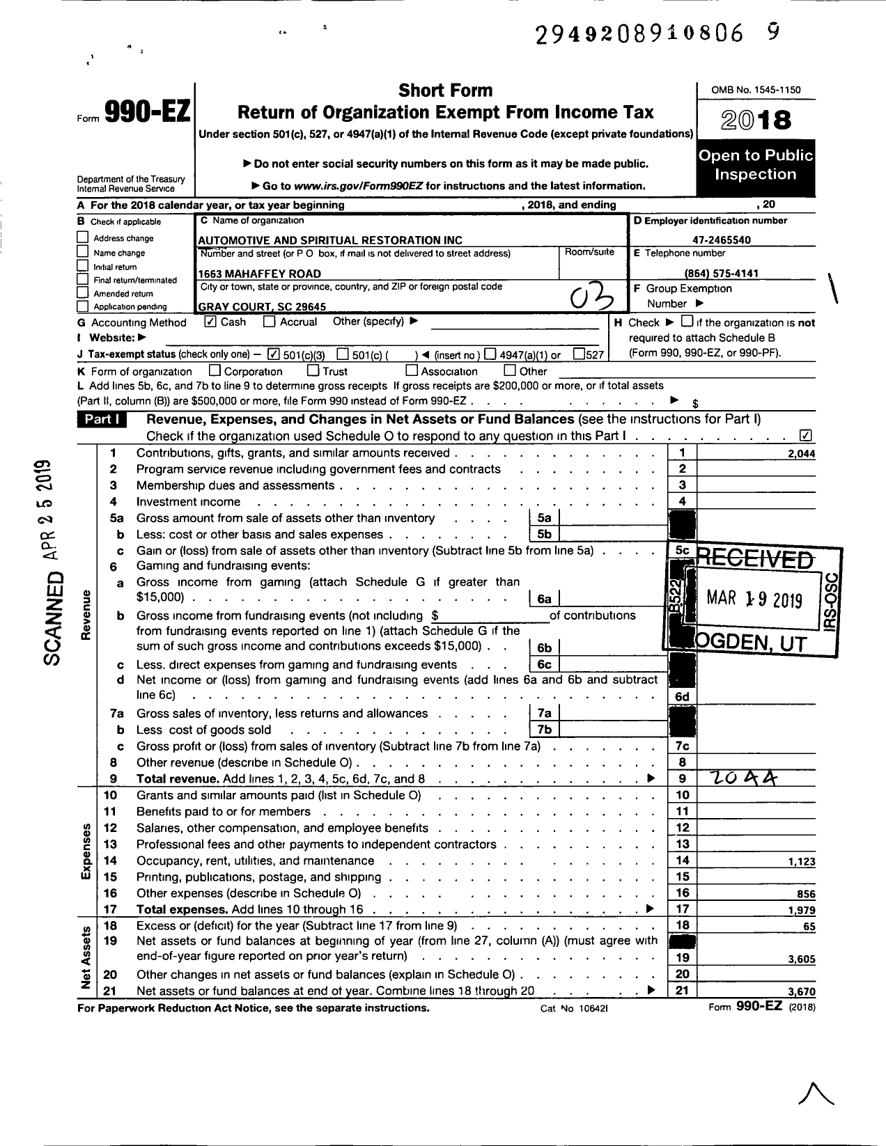 Image of first page of 2018 Form 990EZ for Automotive and Spiritual Restoration