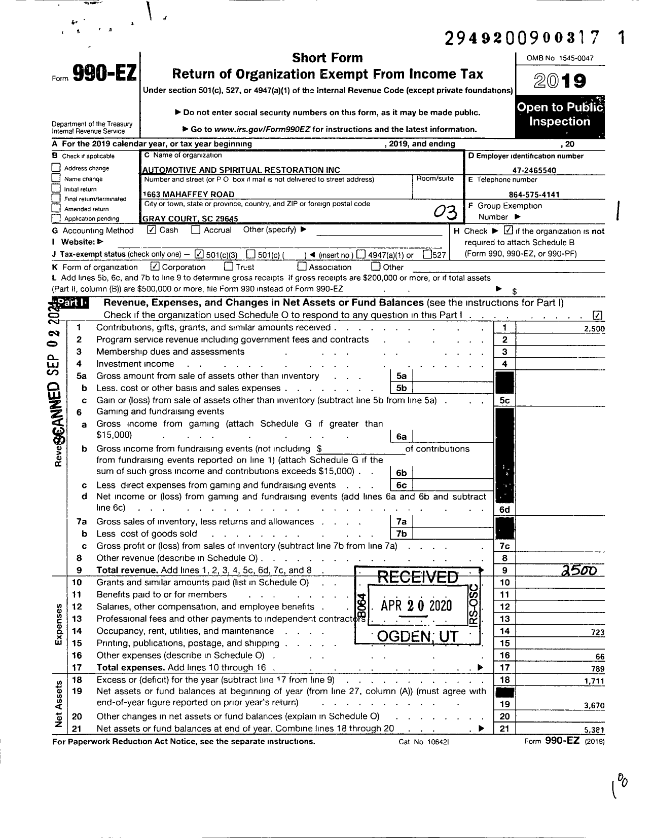 Image of first page of 2019 Form 990EZ for Automotive and Spiritual Restoration