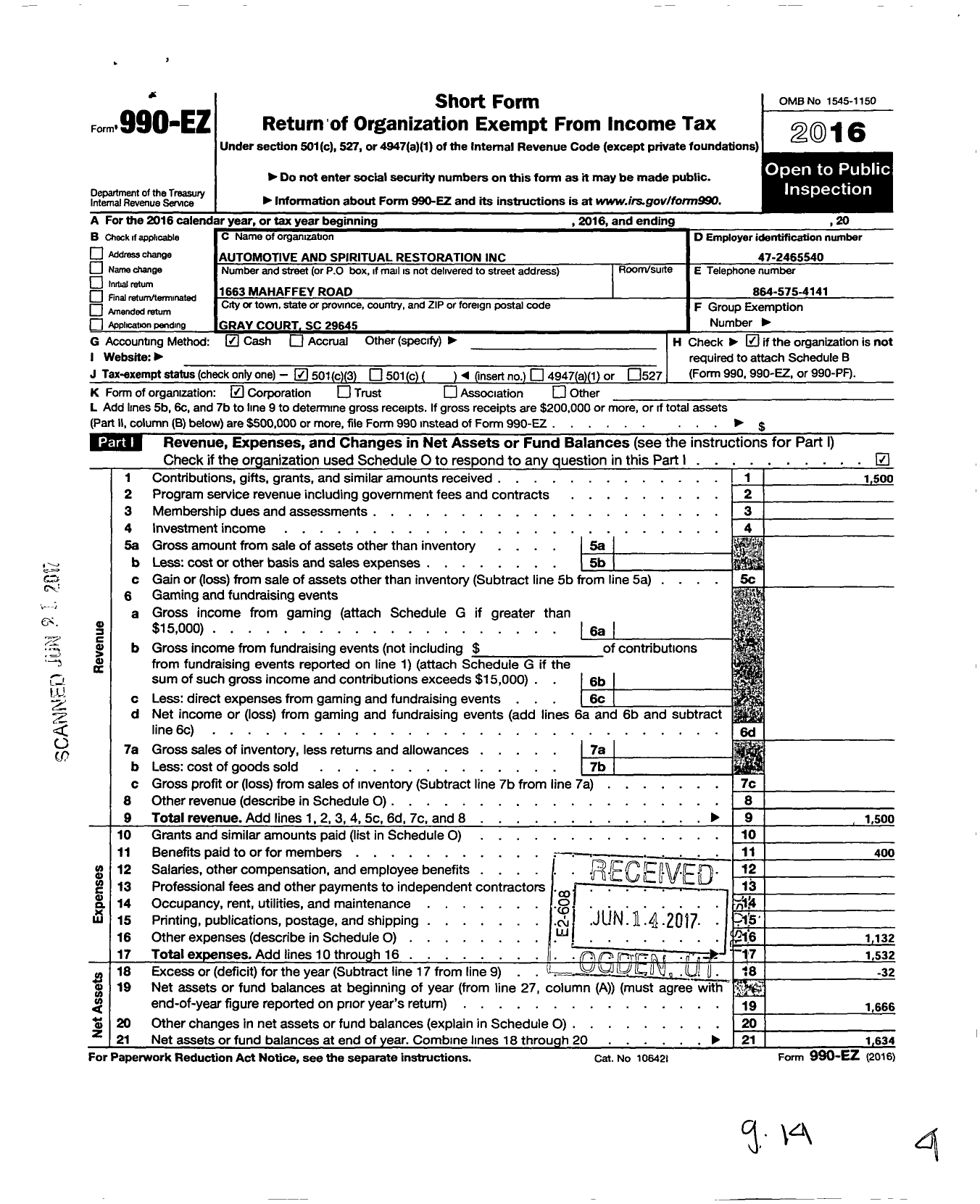 Image of first page of 2016 Form 990EZ for Automotive and Spiritual Restoration