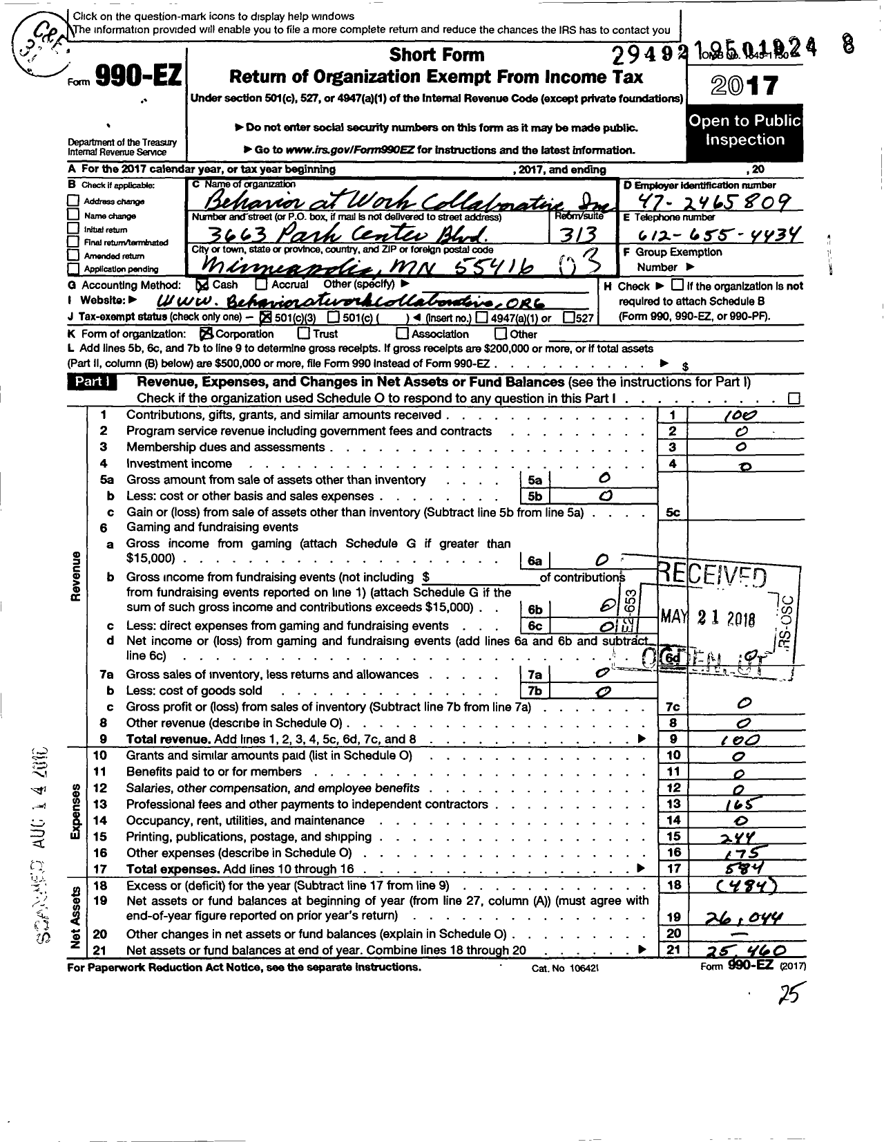 Image of first page of 2017 Form 990EZ for Behavior at Work Colaborative