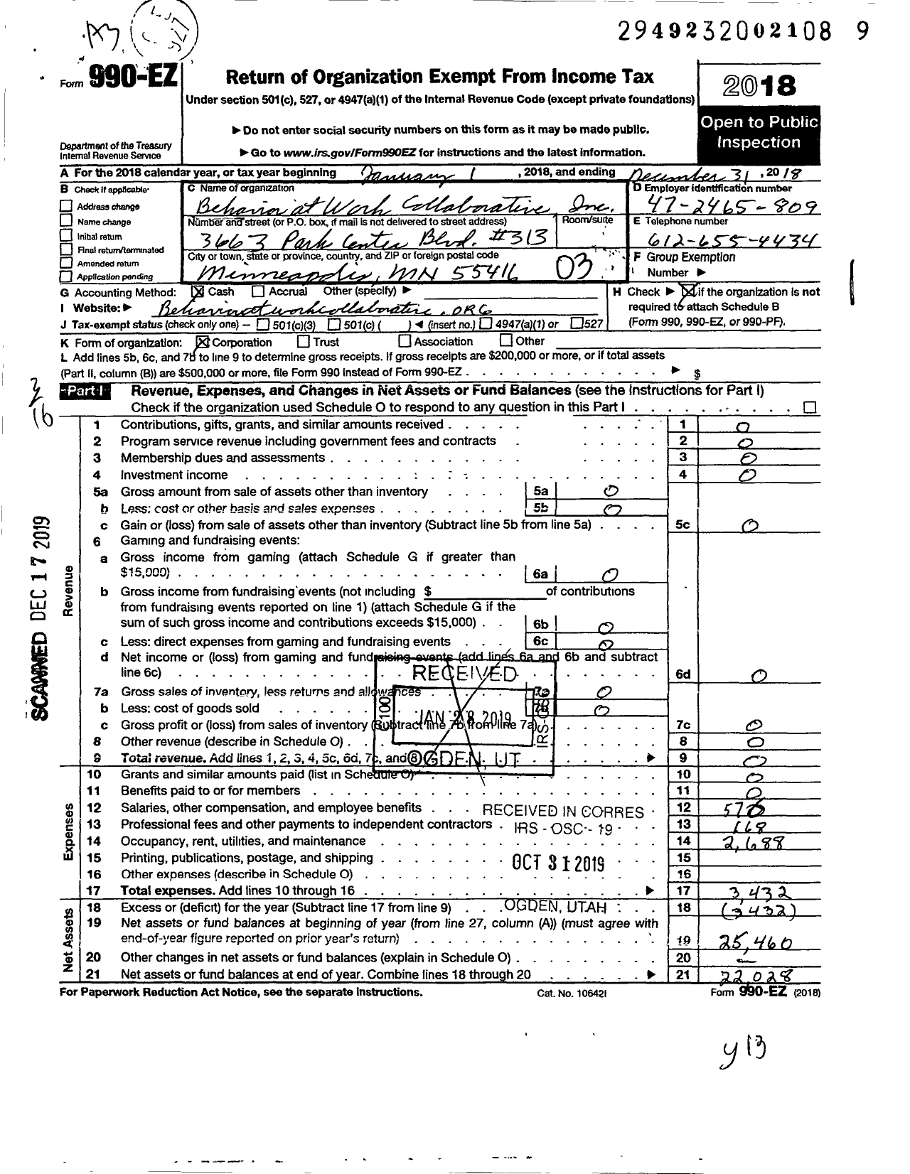 Image of first page of 2018 Form 990EZ for Behavior at Work Colaborative