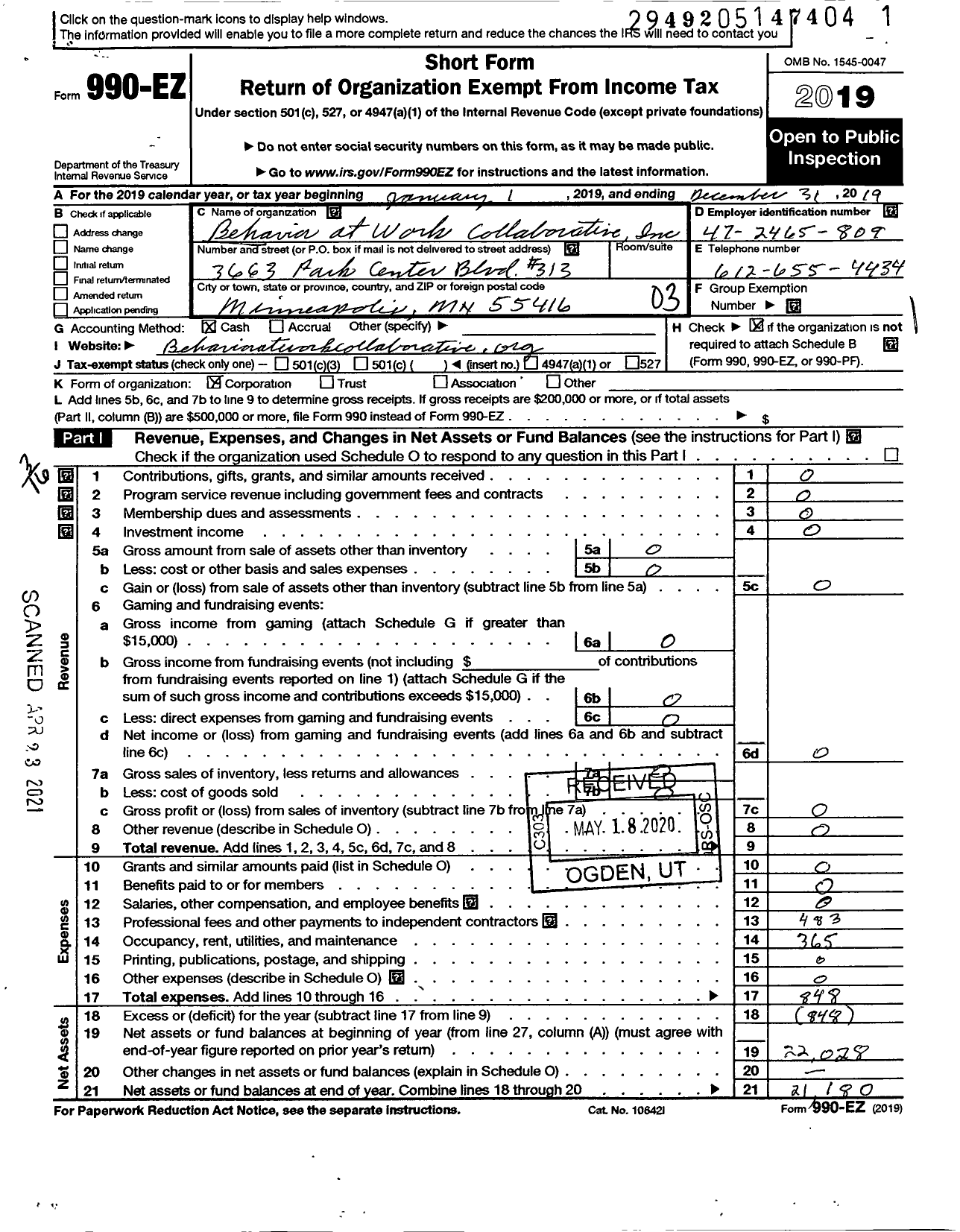 Image of first page of 2019 Form 990EZ for Behavior at Work Colaborative