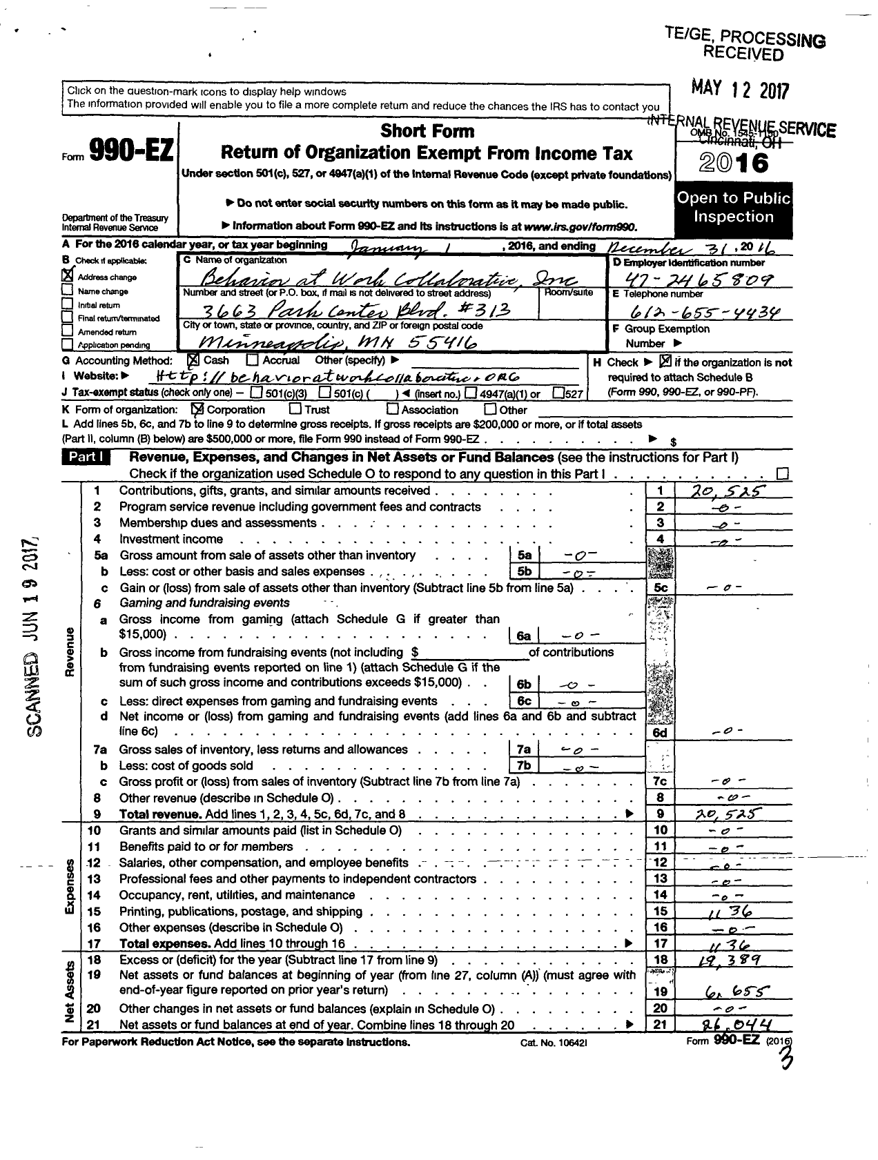 Image of first page of 2016 Form 990EO for Behavior at Work Colaborative