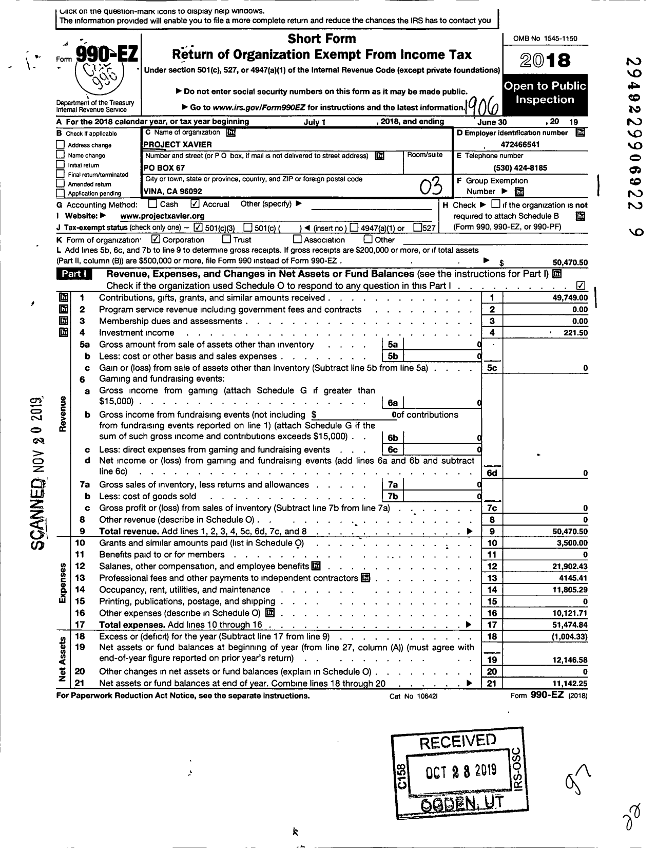 Image of first page of 2018 Form 990EZ for Project Xavier