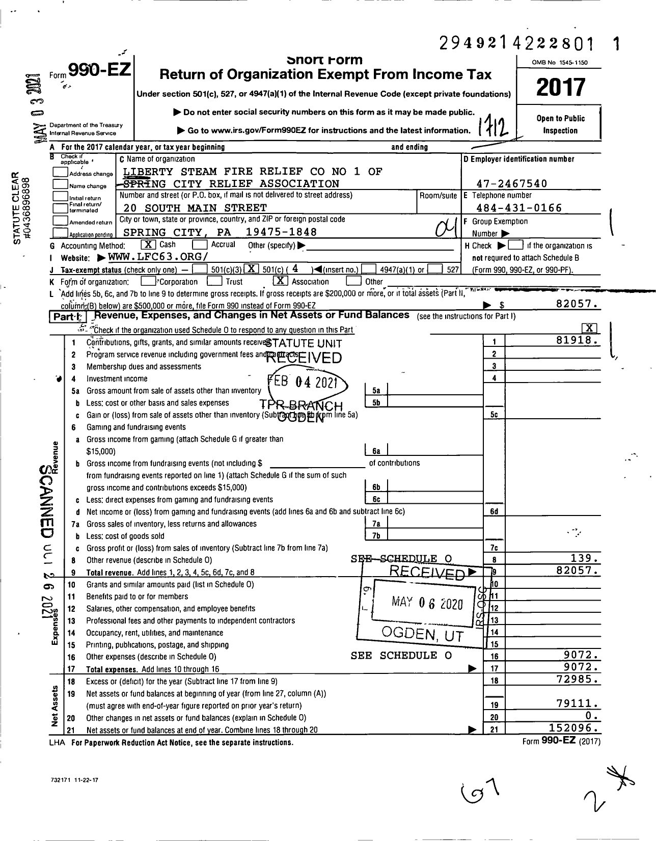 Image of first page of 2017 Form 990EO for Liberty Steam Fire Engine No 1 of Spring City Relief Association