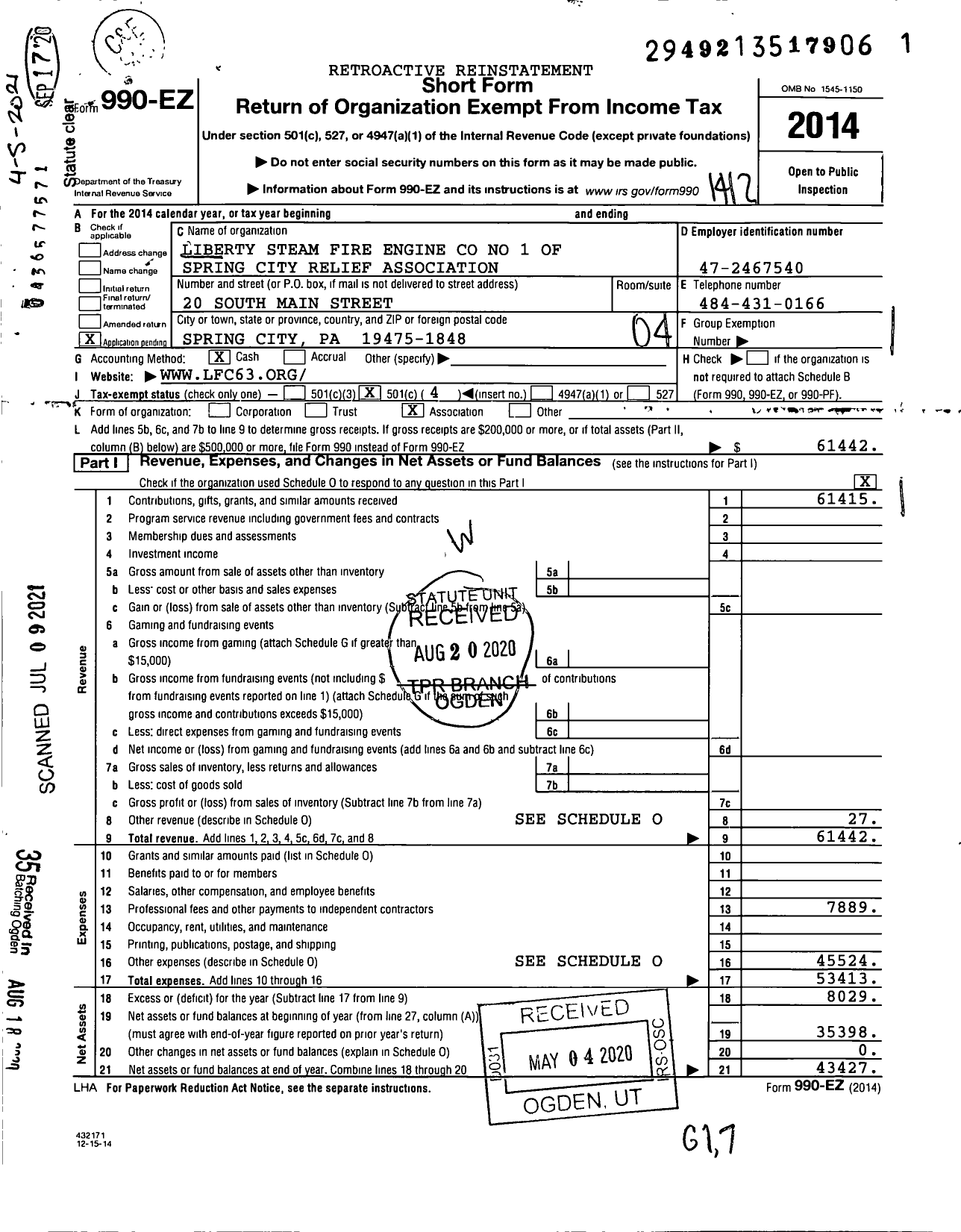 Image of first page of 2014 Form 990EO for Liberty Steam Fire Engine No 1 of Spring City Relief Association