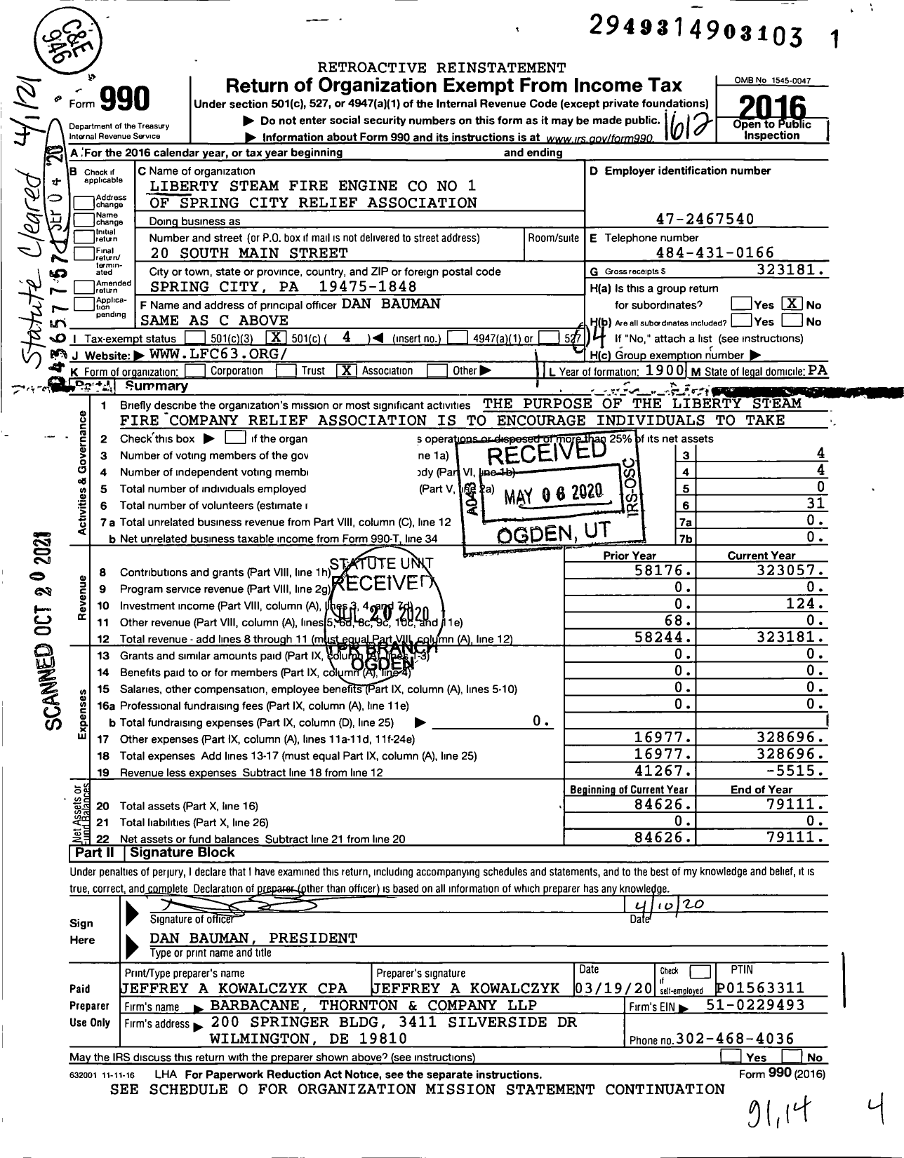 Image of first page of 2016 Form 990O for Liberty Steam Fire Engine No 1 of Spring City Relief Association